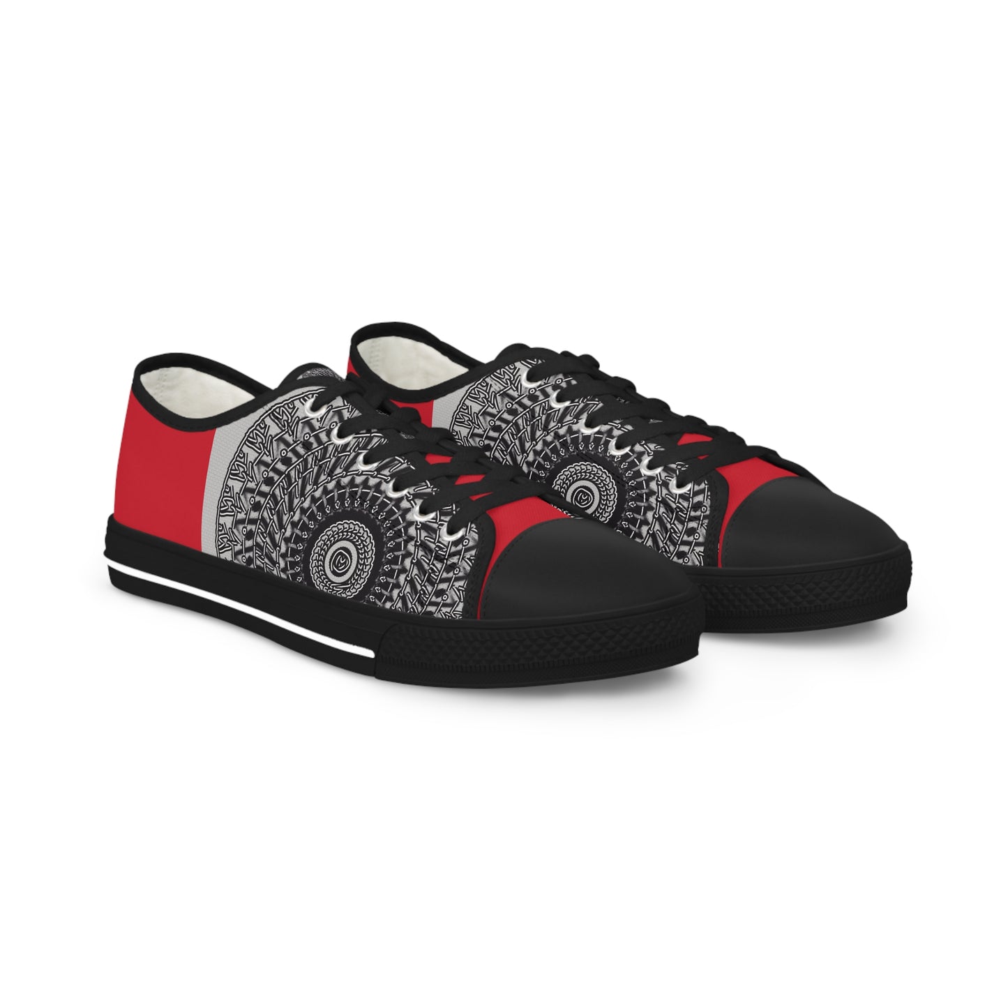 Stylish Men's Low Top Sneakers with Artistic Black & Red Design