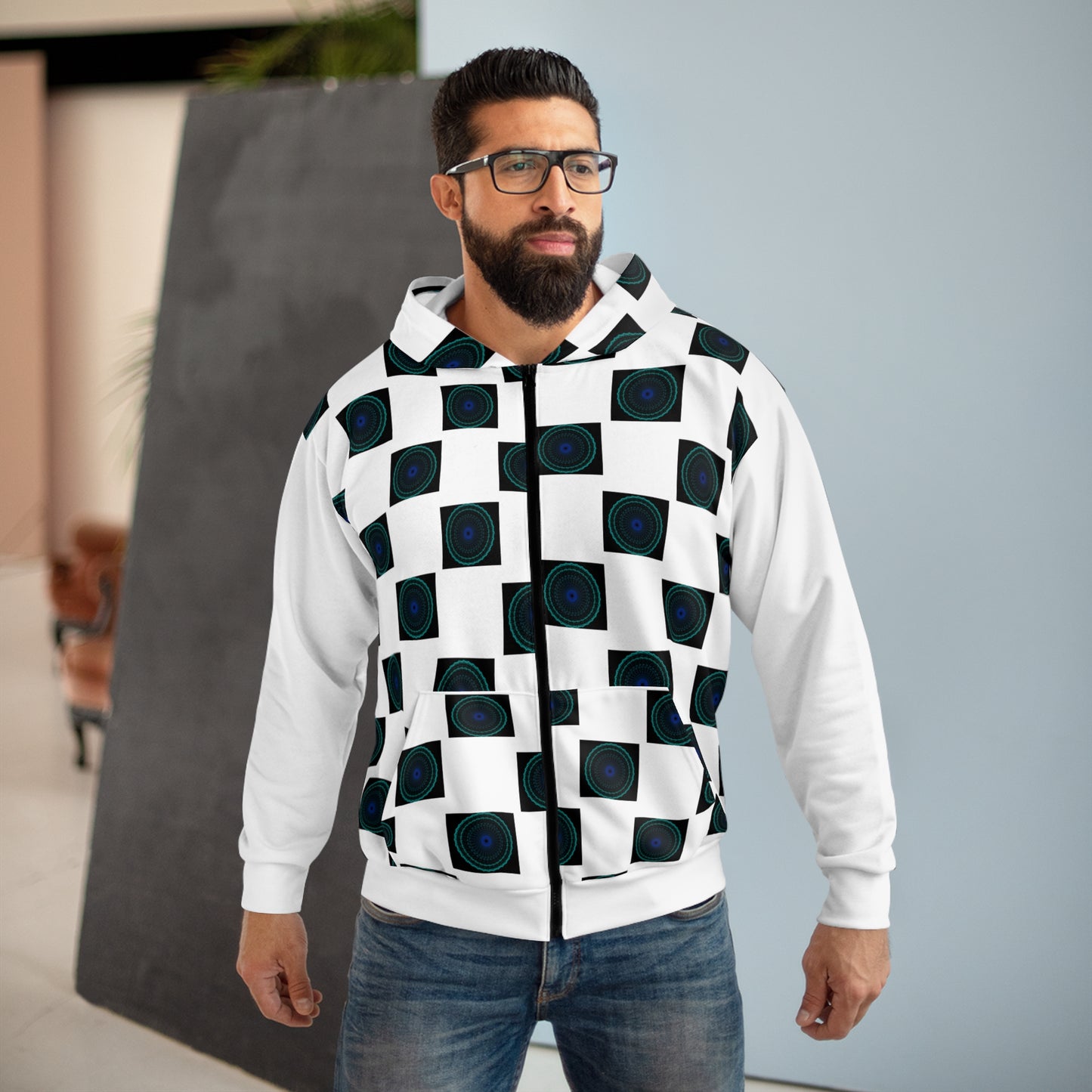 Geometric Print Unisex Zip Hoodie, Cozy Zip-Up Jacket, Stylish Layering Piece, Unique Patterned Hoodie, Perfect Gift for Men and Women