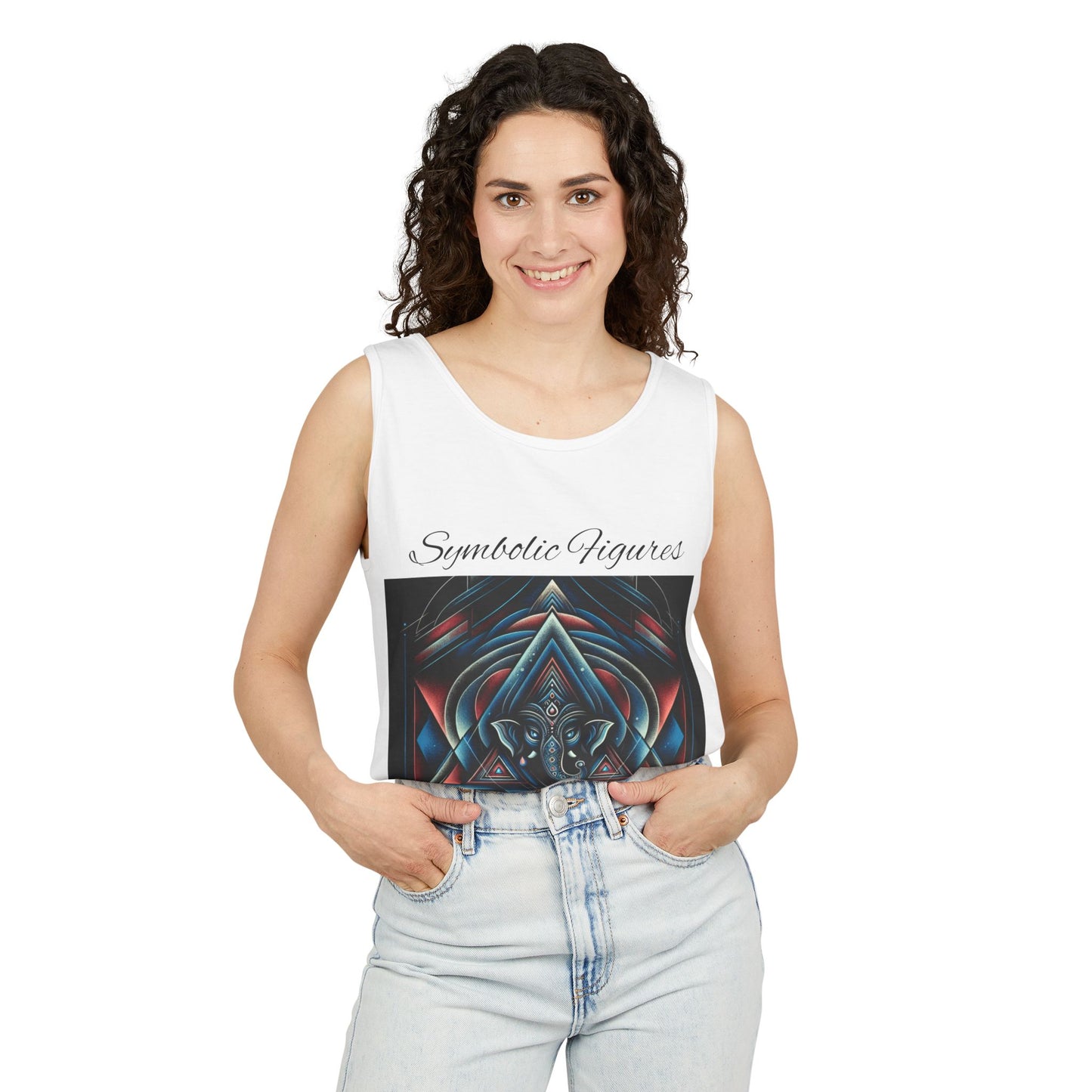 Symbolic Figures Unisex Garment-Dyed Tank Top, Boho Style Tee, Festival Wear, Yoga Shirt, Spiritual Gift
