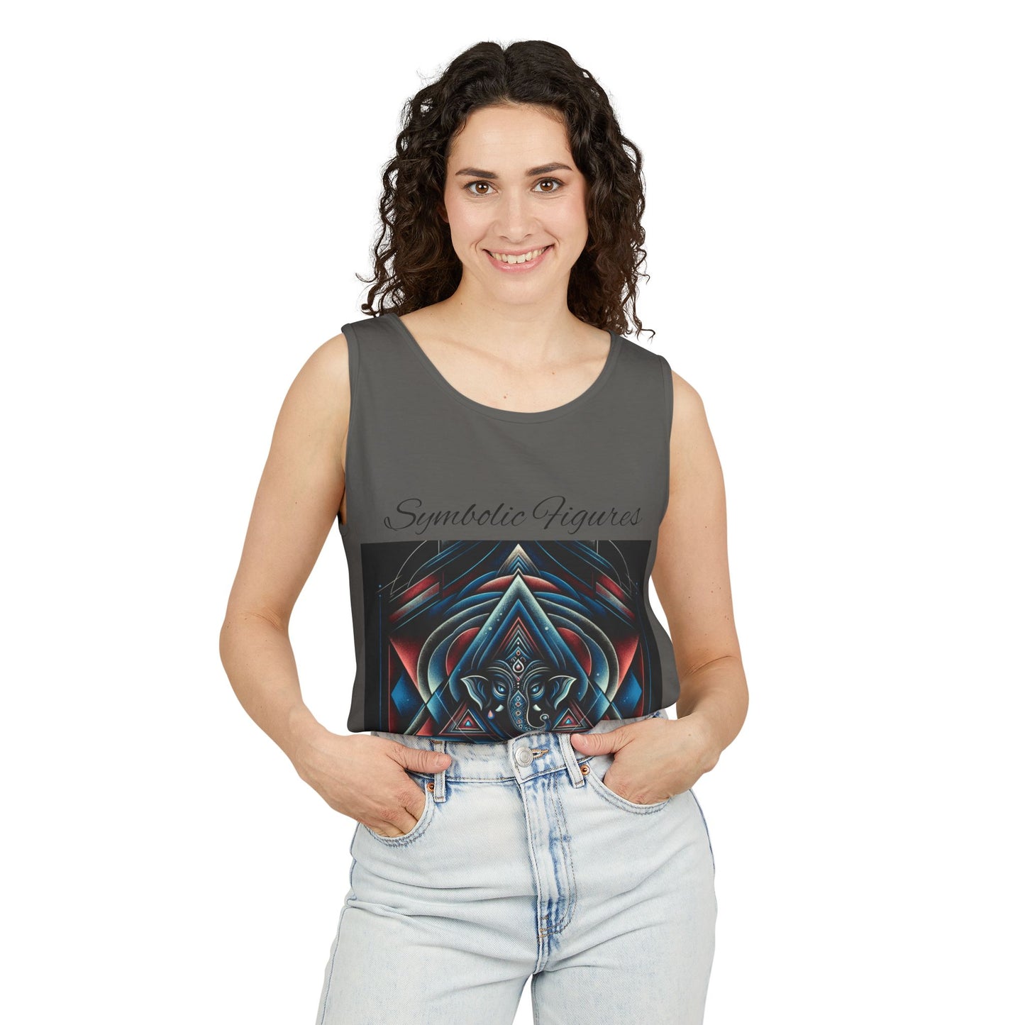 Symbolic Figures Unisex Garment-Dyed Tank Top, Boho Style Tee, Festival Wear, Yoga Shirt, Spiritual Gift