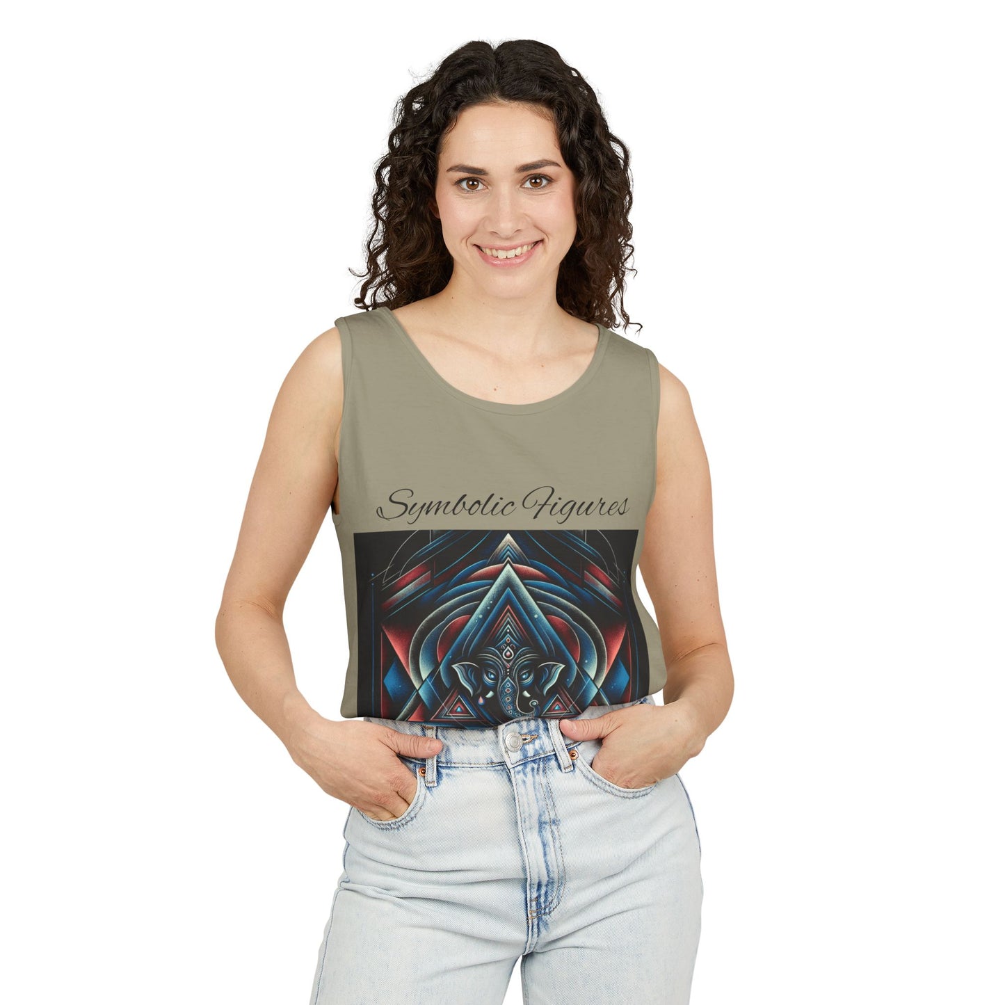 Symbolic Figures Unisex Garment-Dyed Tank Top, Boho Style Tee, Festival Wear, Yoga Shirt, Spiritual Gift