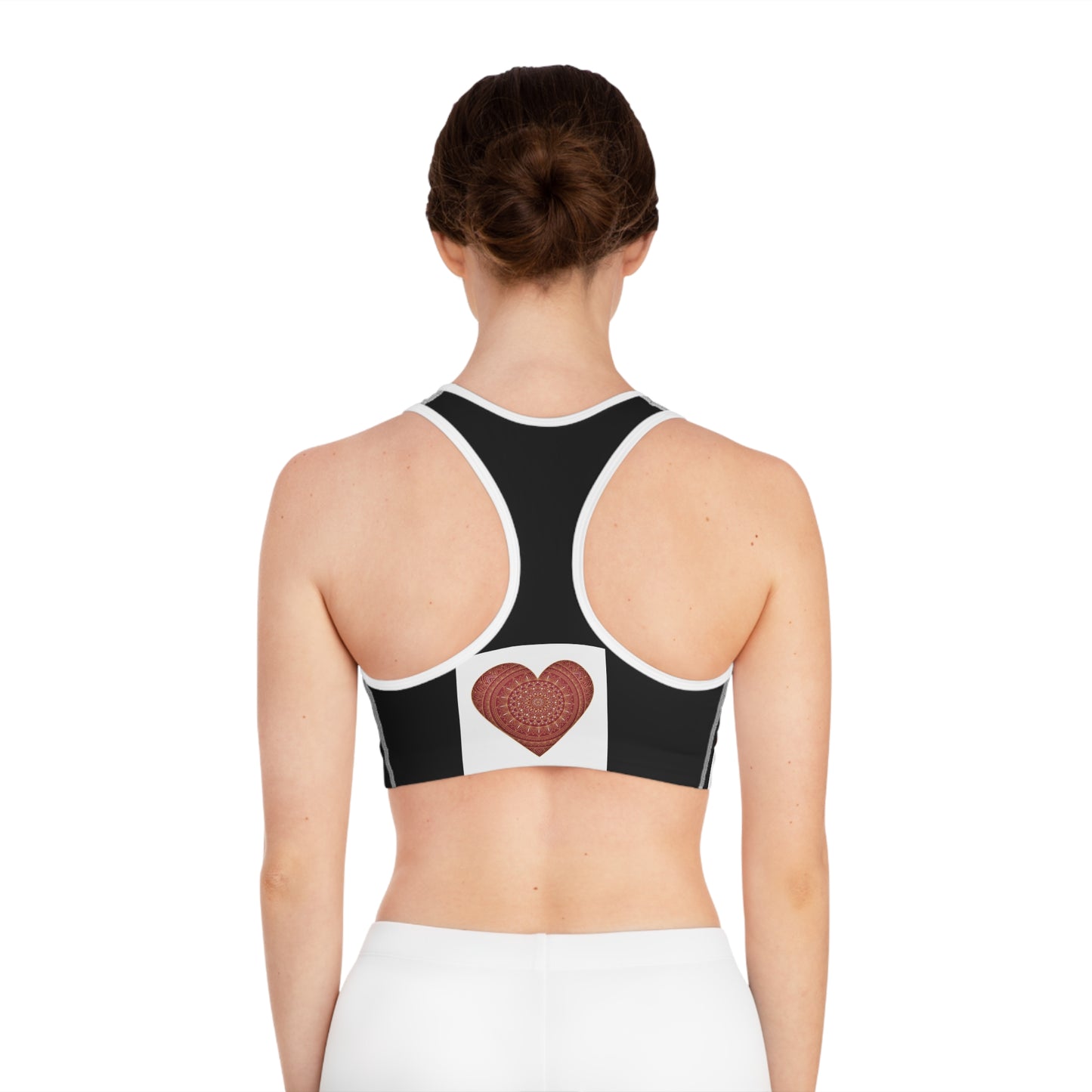Heart Pattern Sports Bra — Red Mandala Hearts on Black & White Check