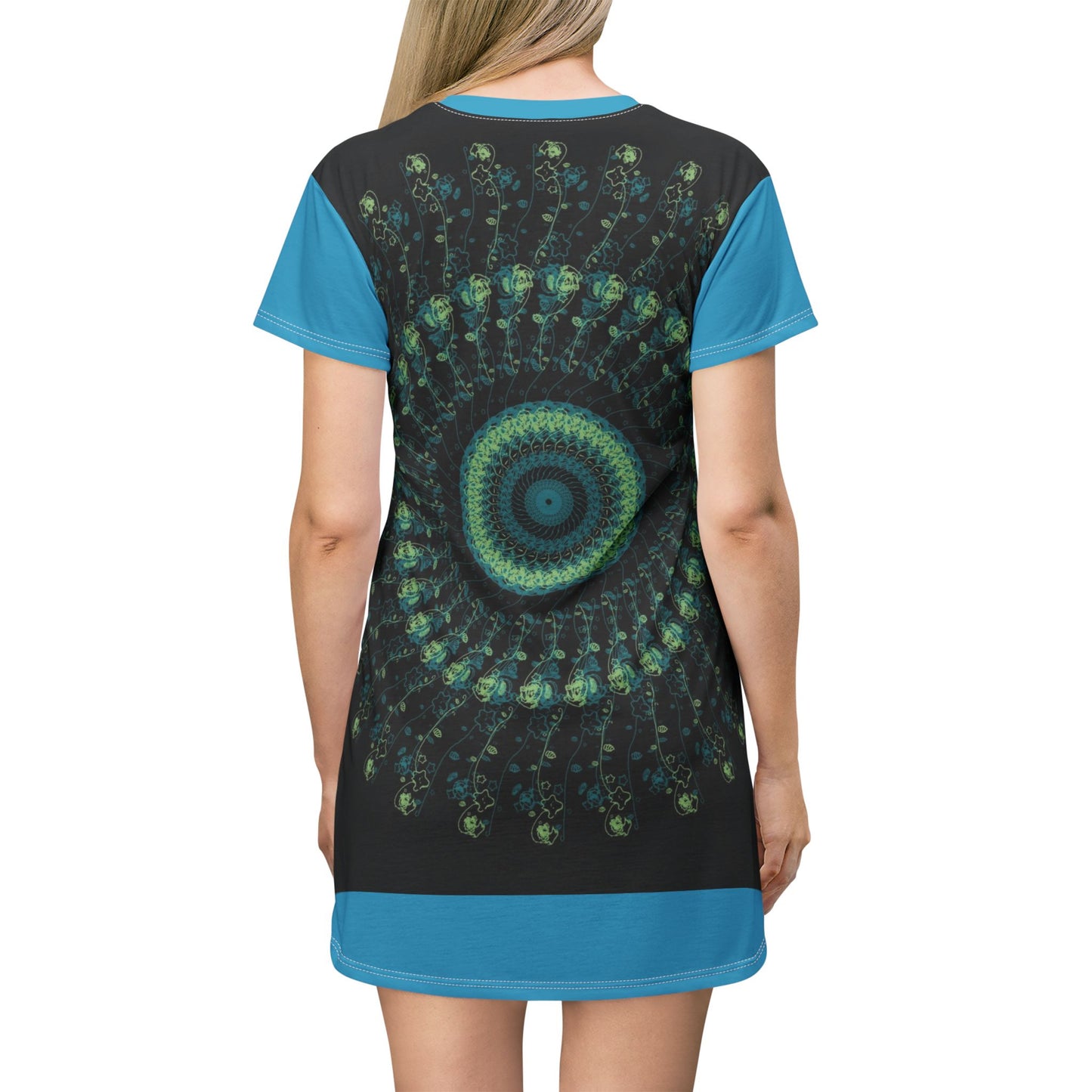 Spiral Mandala T-Shirt Dress | Boho Chic Casual Wear, Summer Dress, Festival Outfit, Eco-Friendly Fashion, Unique Gift Idea