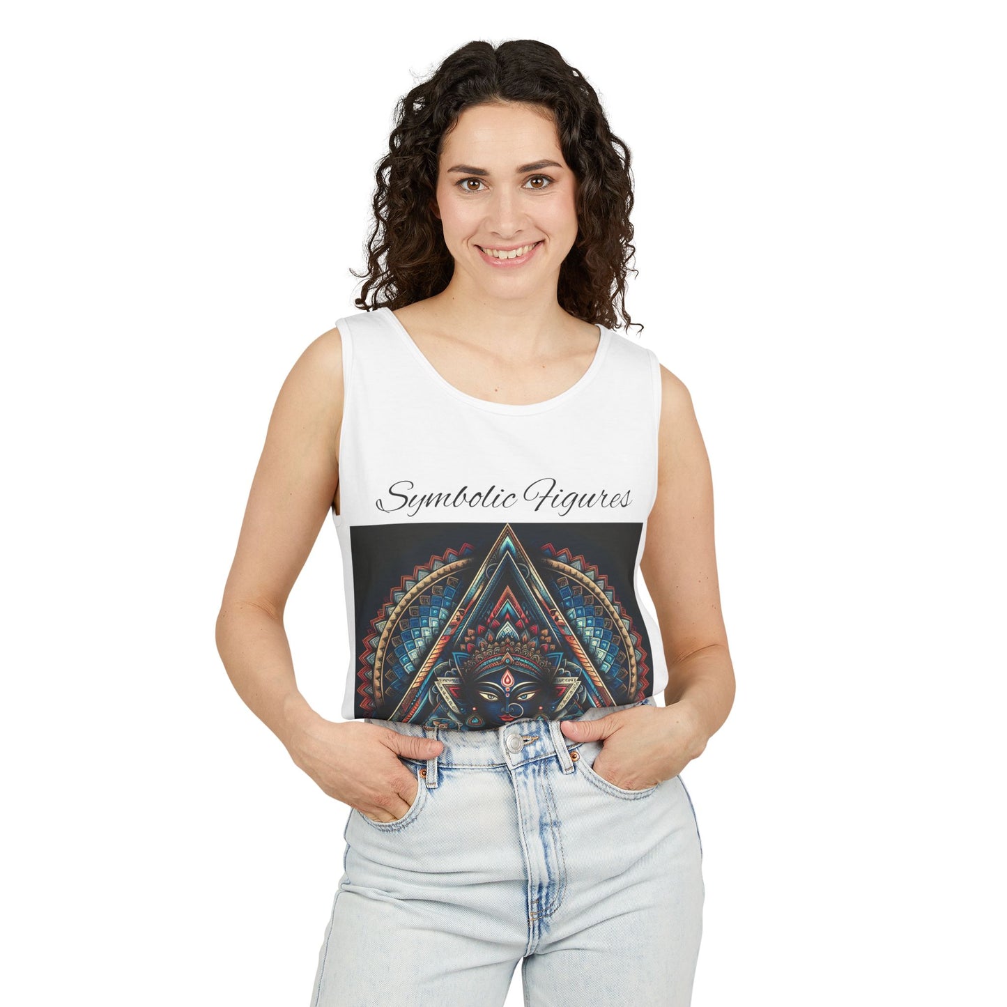 Symbolic Figures Unisex Tank Top - Bohemian Style Shirt, Sun & Moon Graphic Tee, Festival Wear, Meditation Apparel
