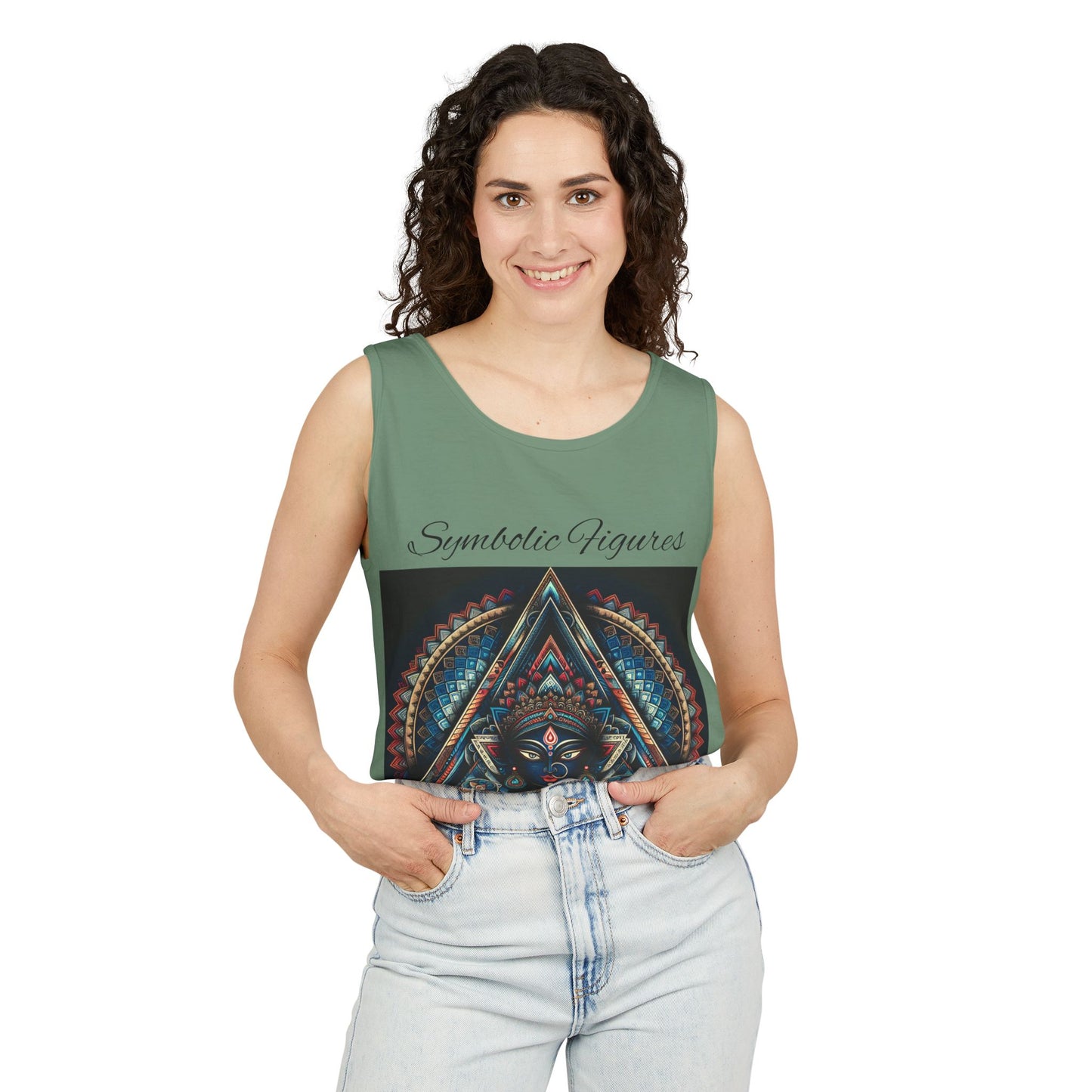 Symbolic Figures Unisex Tank Top - Bohemian Style Shirt, Sun & Moon Graphic Tee, Festival Wear, Meditation Apparel