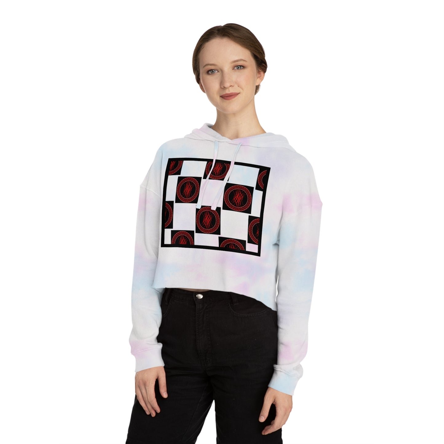 Chic Women's Cropped Hoodie with Abstract Red Design, Stylish Streetwear, Trendy Layering Piece, Perfect Gift for Her, Cozy Casual Wear