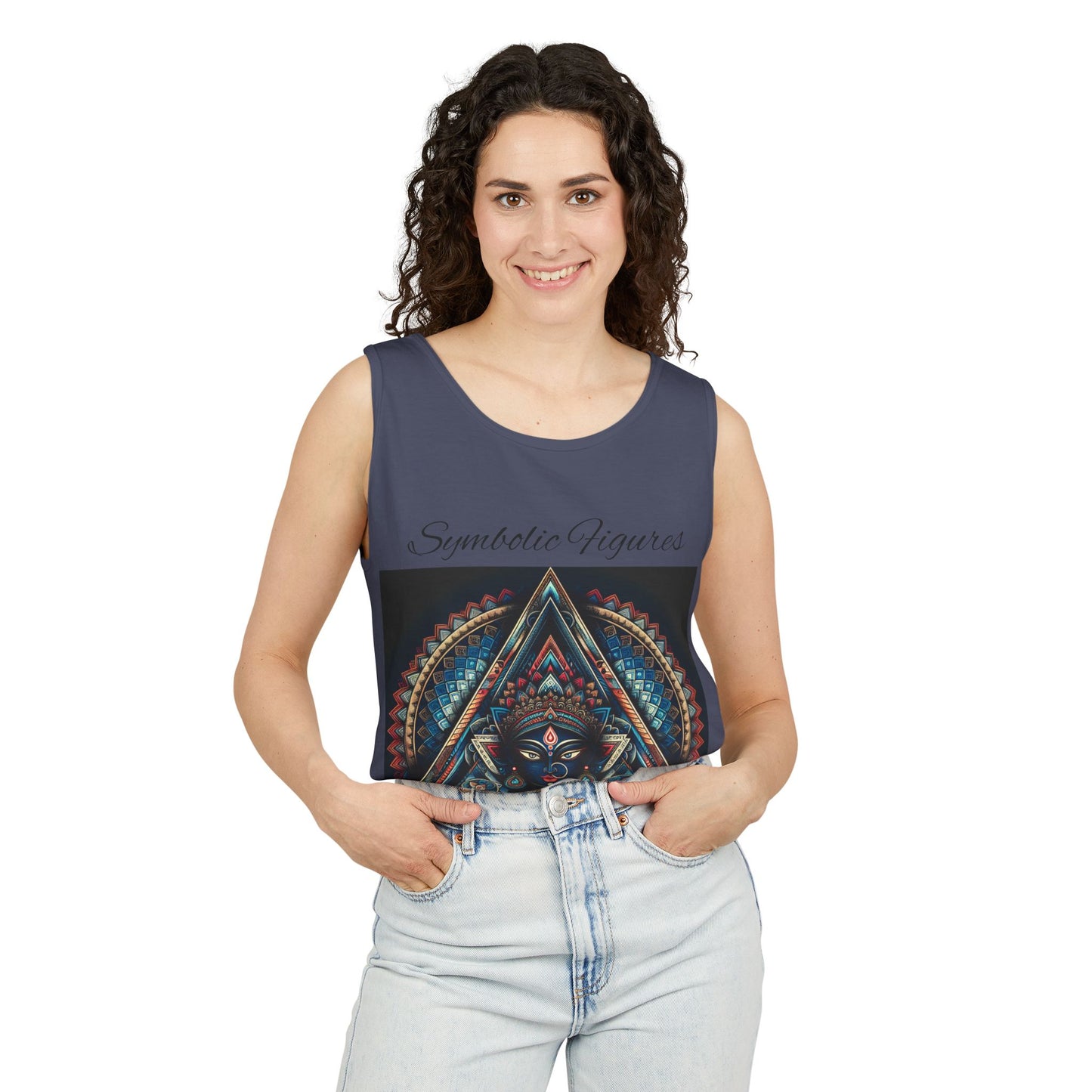 Symbolic Figures Unisex Tank Top - Bohemian Style Shirt, Sun & Moon Graphic Tee, Festival Wear, Meditation Apparel