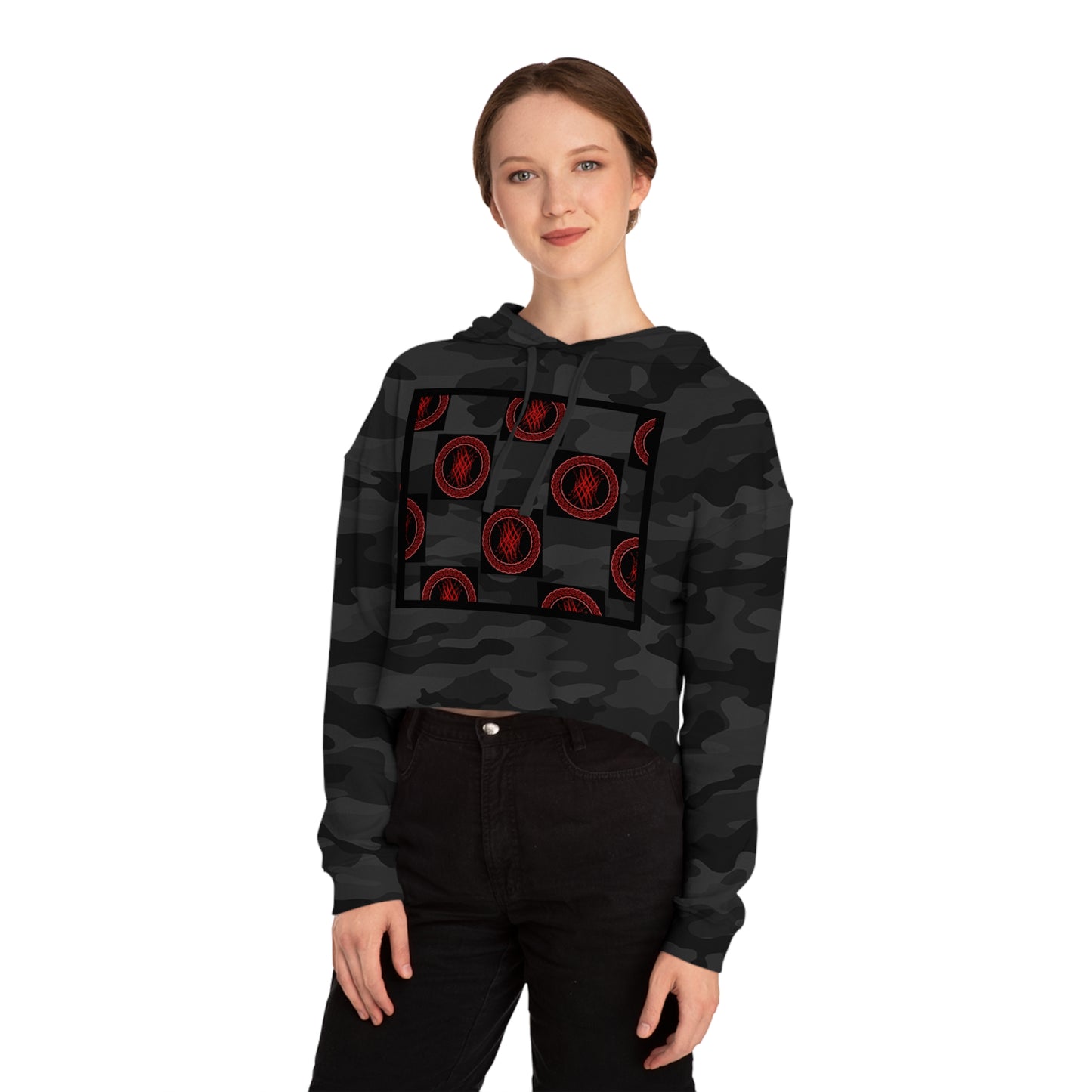 Chic Women's Cropped Hoodie with Abstract Red Design, Stylish Streetwear, Trendy Layering Piece, Perfect Gift for Her, Cozy Casual Wear