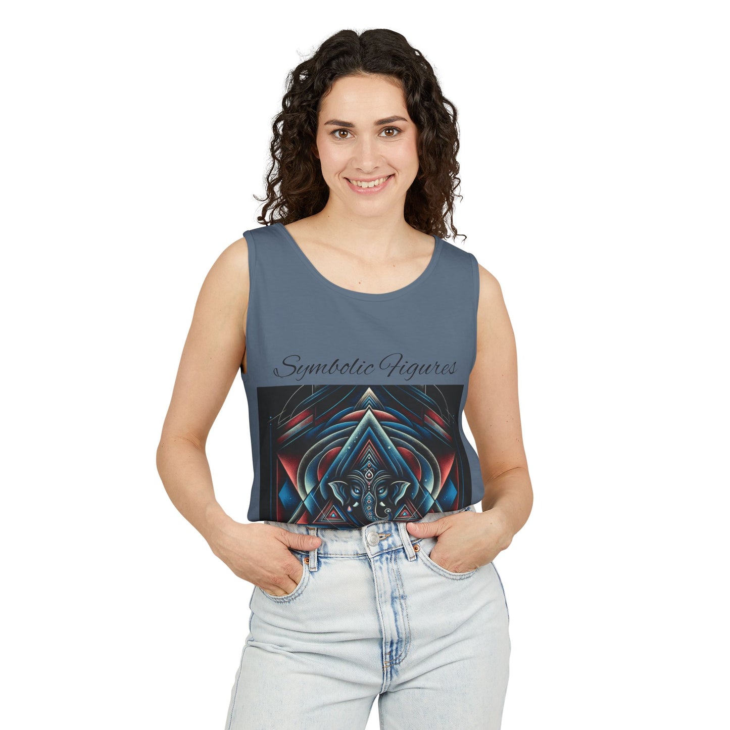 Symbolic Figures Unisex Garment-Dyed Tank Top, Boho Style Tee, Festival Wear, Yoga Shirt, Spiritual Gift