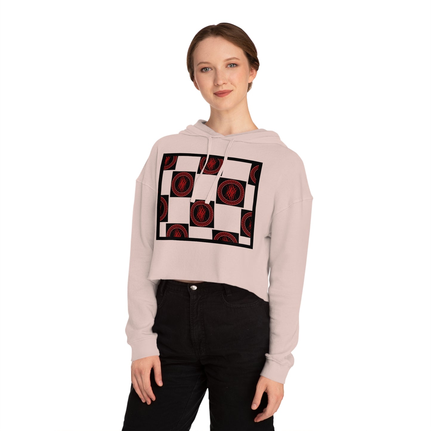 Chic Women's Cropped Hoodie with Abstract Red Design, Stylish Streetwear, Trendy Layering Piece, Perfect Gift for Her, Cozy Casual Wear