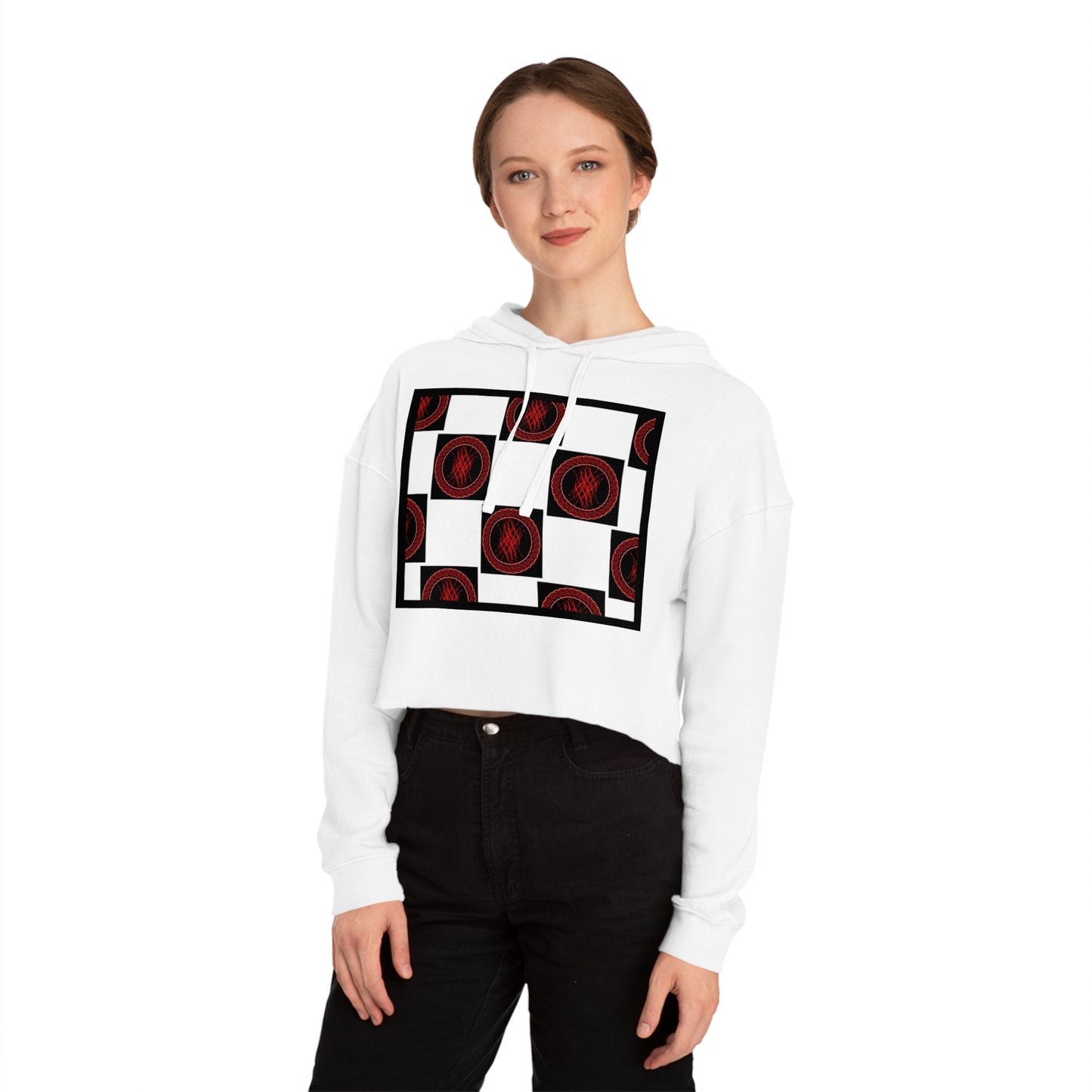 Chic Women's Cropped Hoodie with Abstract Red Design, Stylish Streetwear, Trendy Layering Piece, Perfect Gift for Her, Cozy Casual Wear