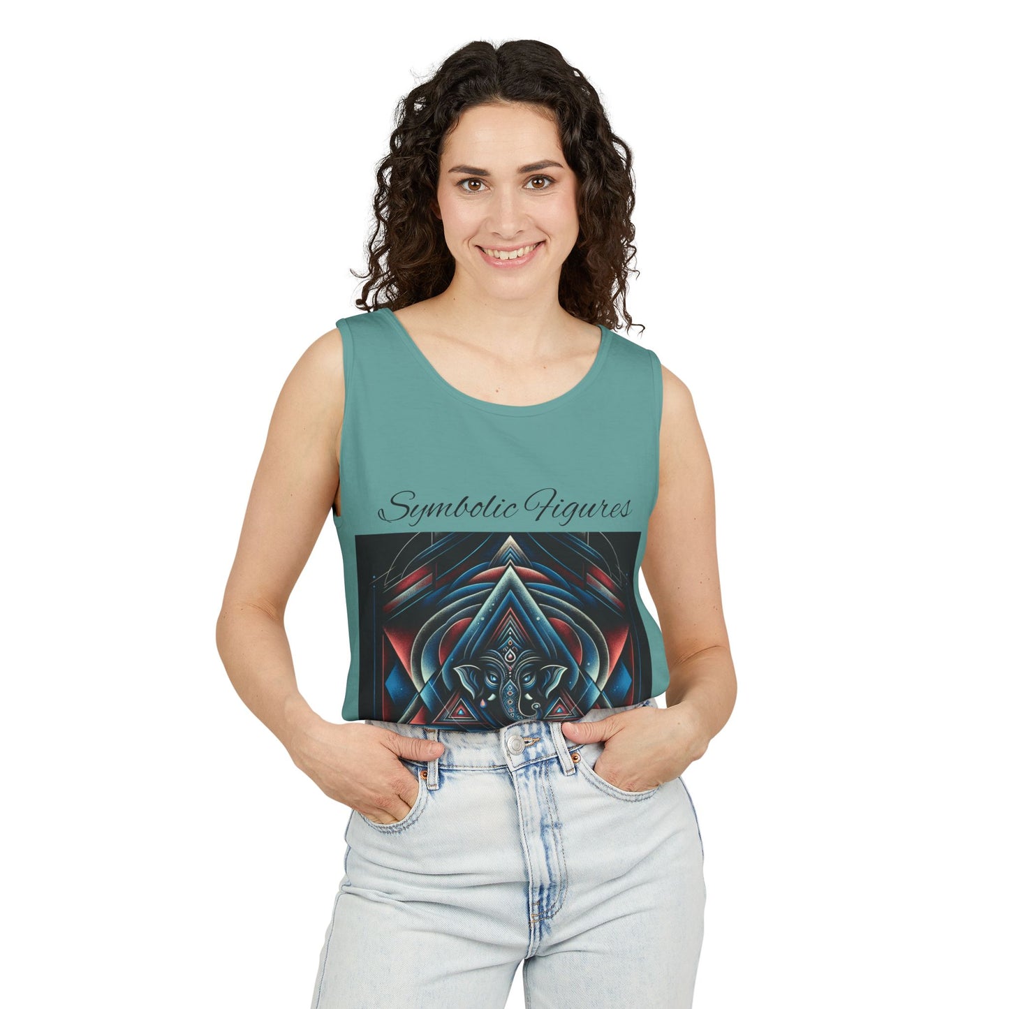 Symbolic Figures Unisex Garment-Dyed Tank Top, Boho Style Tee, Festival Wear, Yoga Shirt, Spiritual Gift