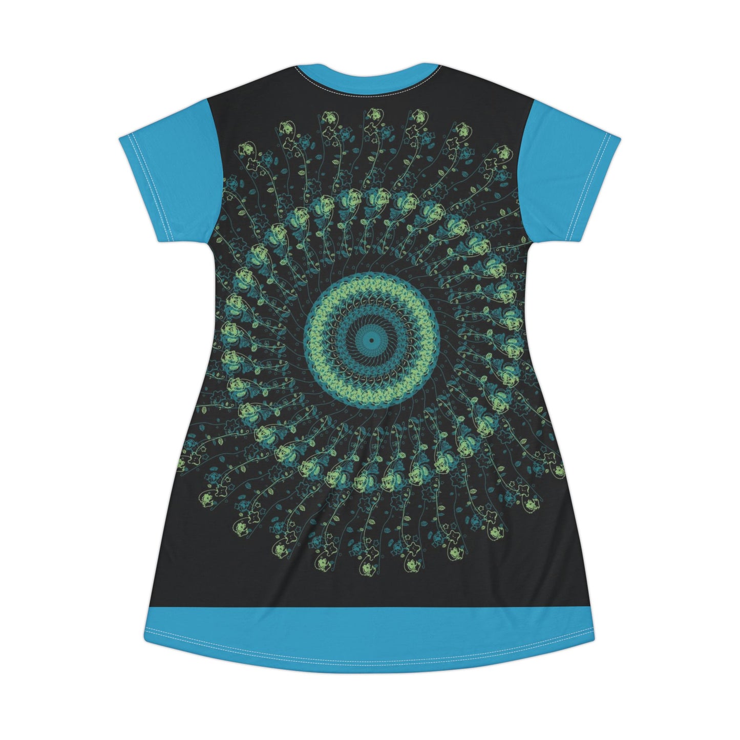 Spiral Mandala T-Shirt Dress | Boho Chic Casual Wear, Summer Dress, Festival Outfit, Eco-Friendly Fashion, Unique Gift Idea