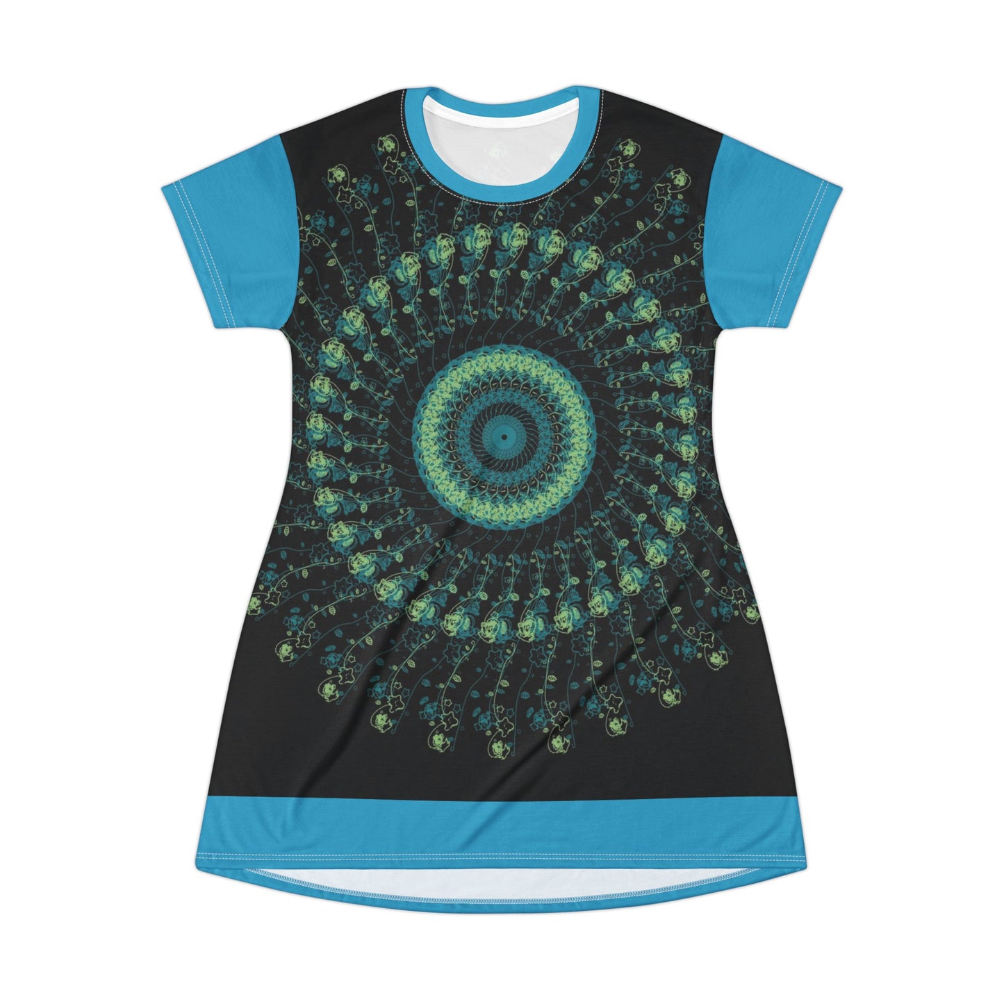 Spiral Mandala T-Shirt Dress | Boho Chic Casual Wear, Summer Dress, Festival Outfit, Eco-Friendly Fashion, Unique Gift Idea