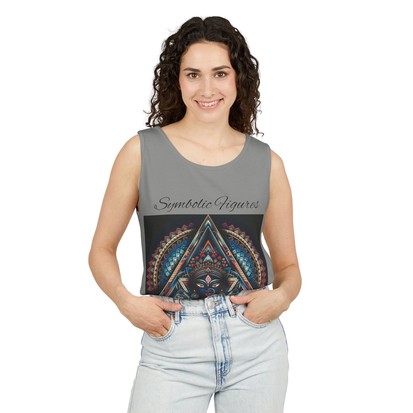 Symbolic Figures Unisex Tank Top - Bohemian Style Shirt, Sun & Moon Graphic Tee, Festival Wear, Meditation Apparel