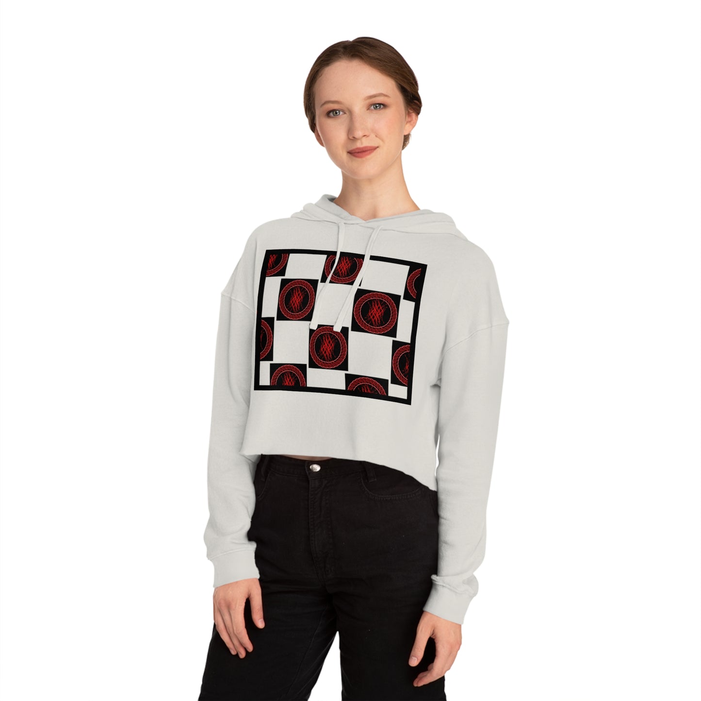 Chic Women's Cropped Hoodie with Abstract Red Design, Stylish Streetwear, Trendy Layering Piece, Perfect Gift for Her, Cozy Casual Wear