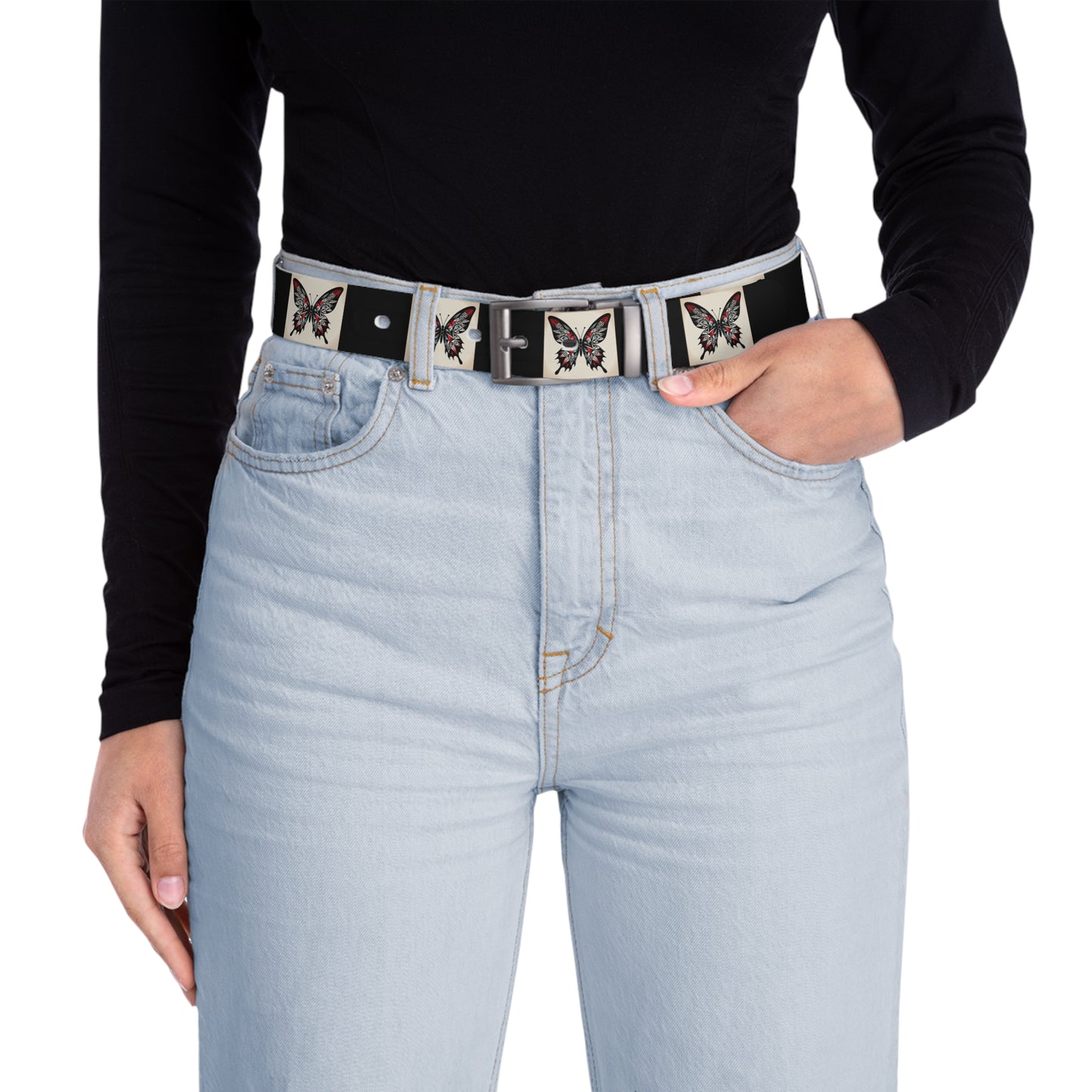 Butterfly Print Belt, Stylish Fashion Accessory, Vegan Leather Adjustable Belt for Women, Unique Gift for Her, Boho Chic Style