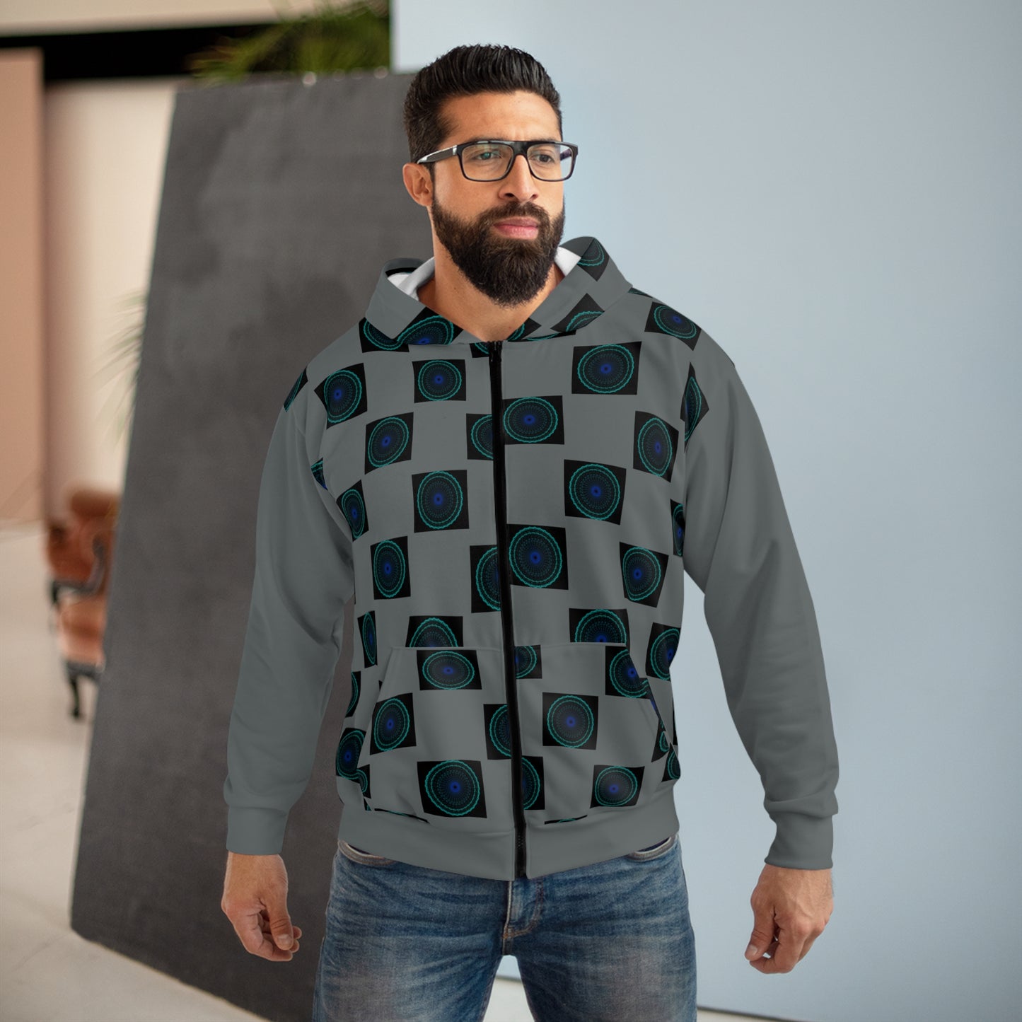 Geometric Print Unisex Zip Hoodie, Cozy Zip-Up Jacket, Stylish Layering Piece, Unique Patterned Hoodie, Perfect Gift for Men and Women