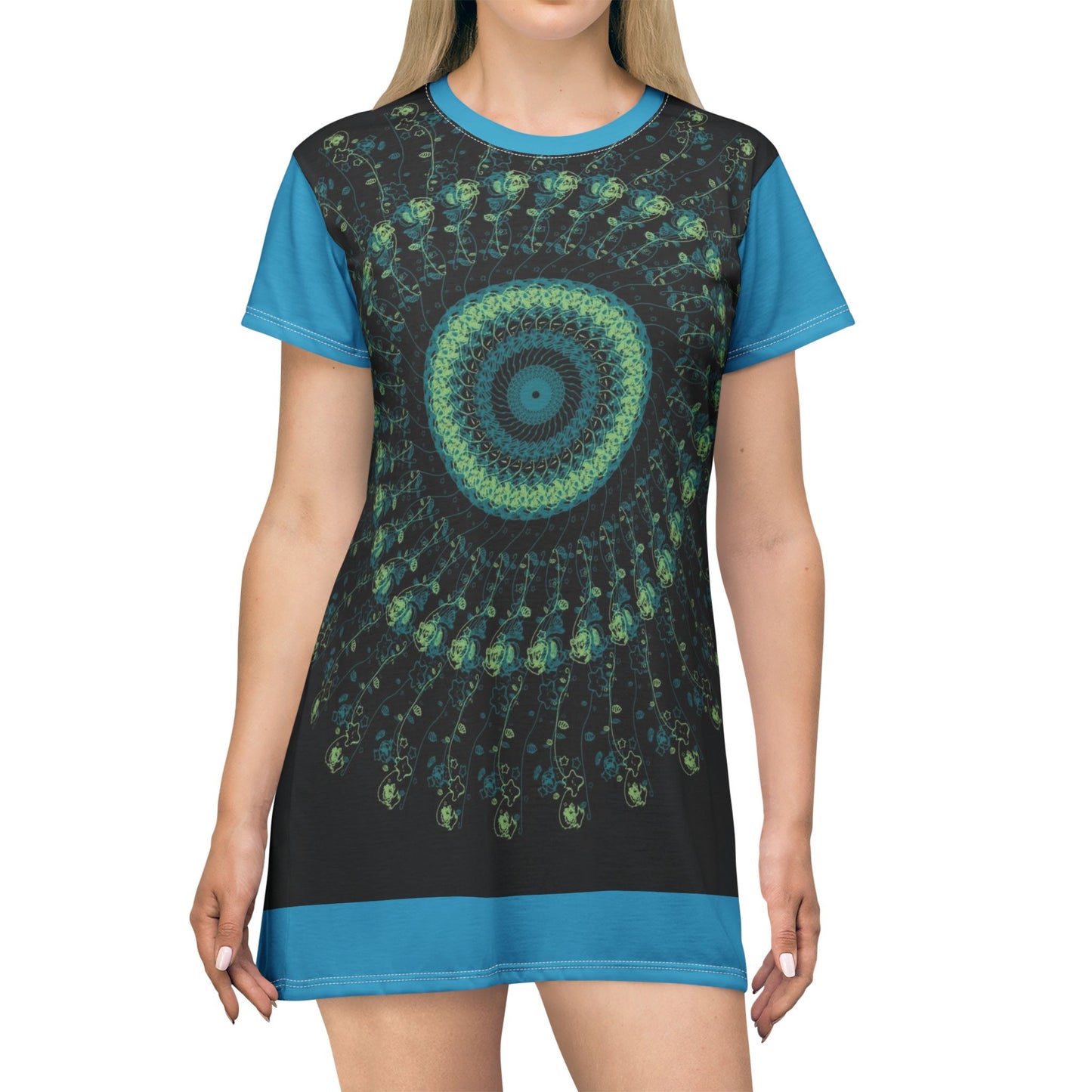Spiral Mandala T-Shirt Dress | Boho Chic Casual Wear, Summer Dress, Festival Outfit, Eco-Friendly Fashion, Unique Gift Idea