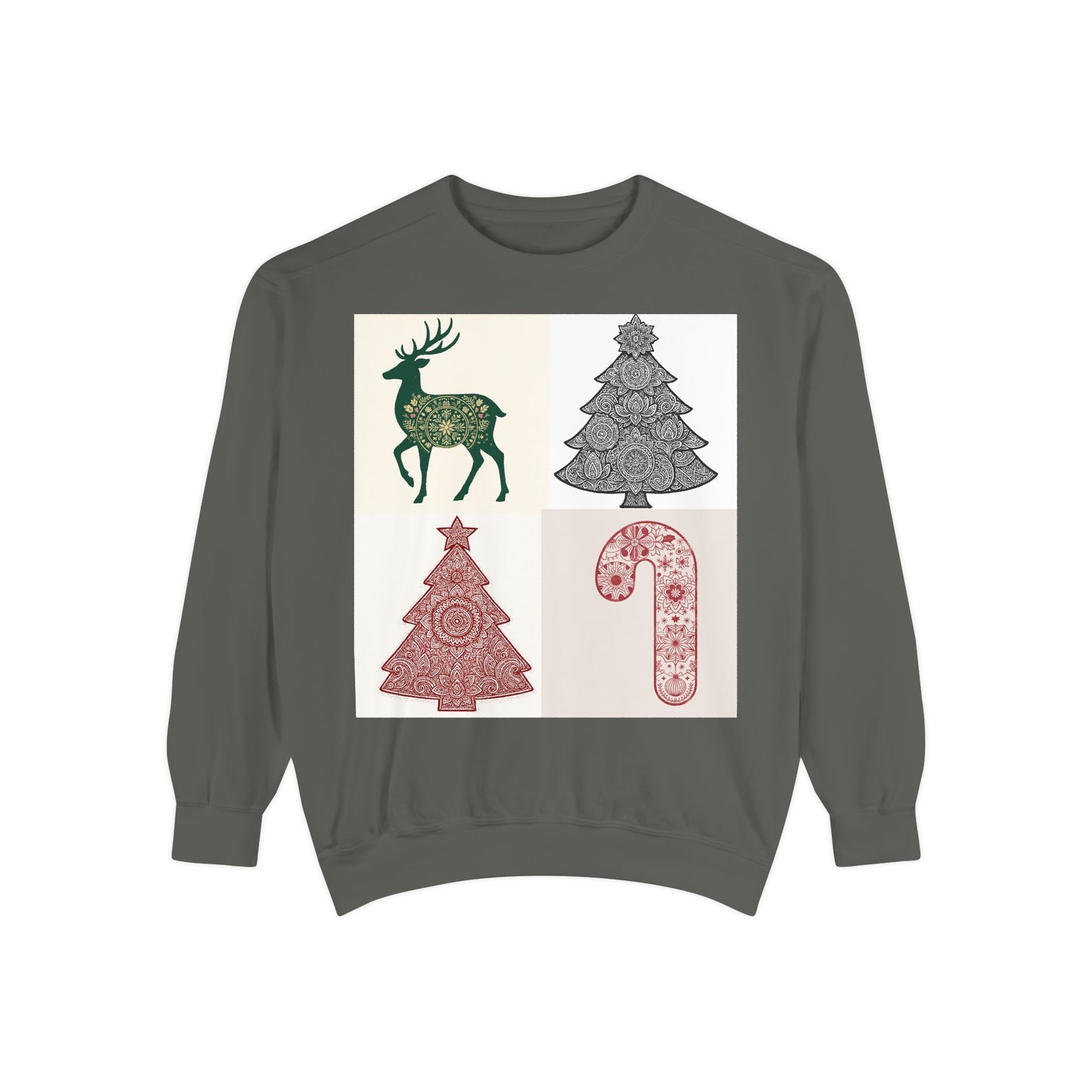 Christmas Patchwork Sweatshirt — Reindeer, Trees & Candy Cane Holiday Pullover