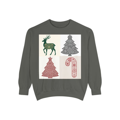 Christmas Patchwork Sweatshirt — Reindeer, Trees & Candy Cane Holiday Pullover