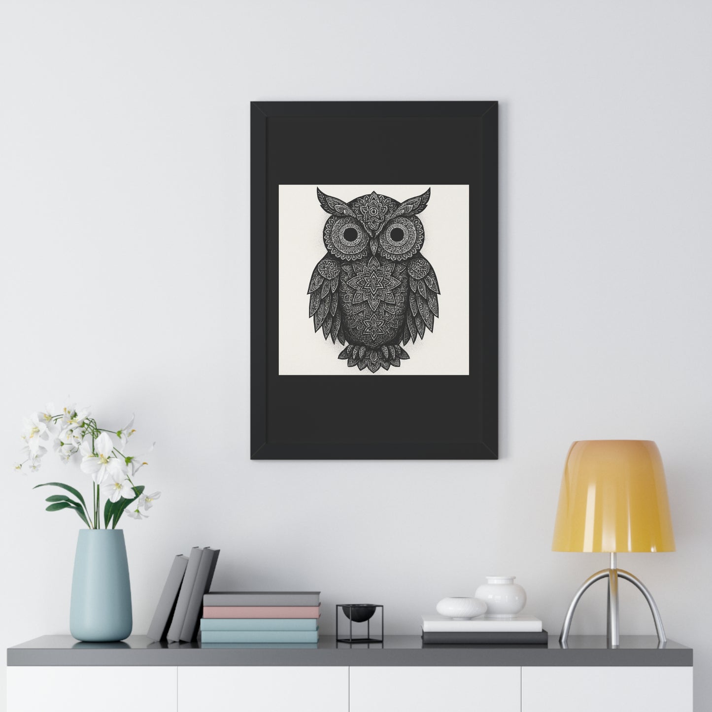 Framed Owl Art Print — Intricate Black & White Mandala Poster