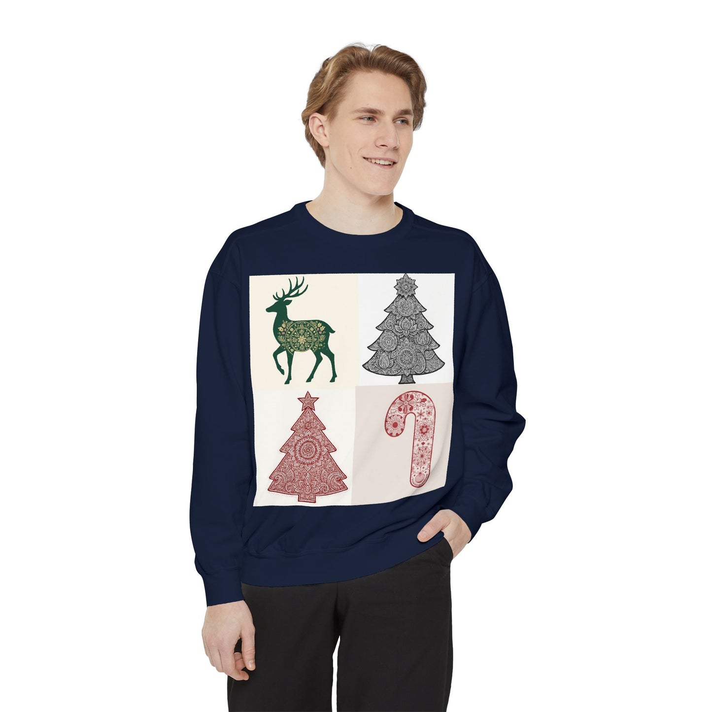 Christmas Patchwork Sweatshirt — Reindeer, Trees & Candy Cane Holiday Pullover