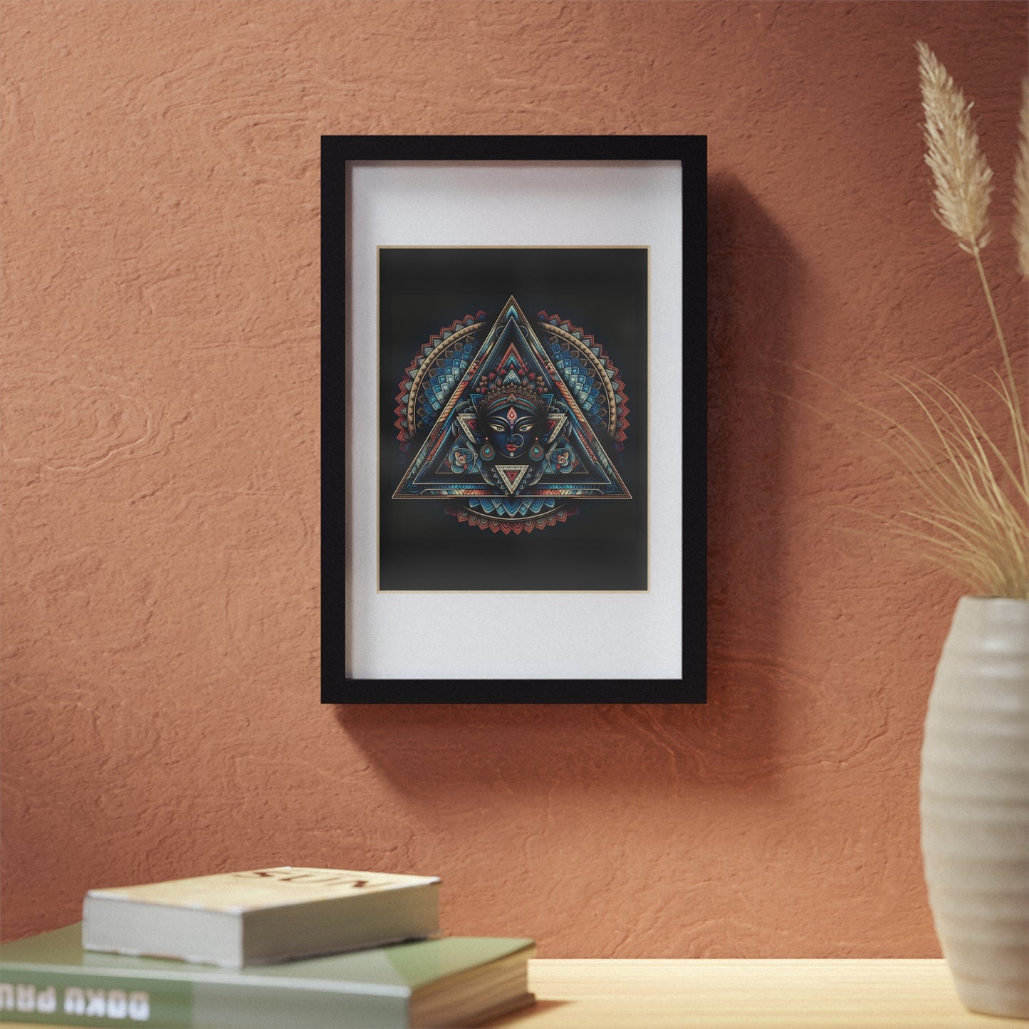 Framed Geometric Mandala Poster — Black Triangle Art Print