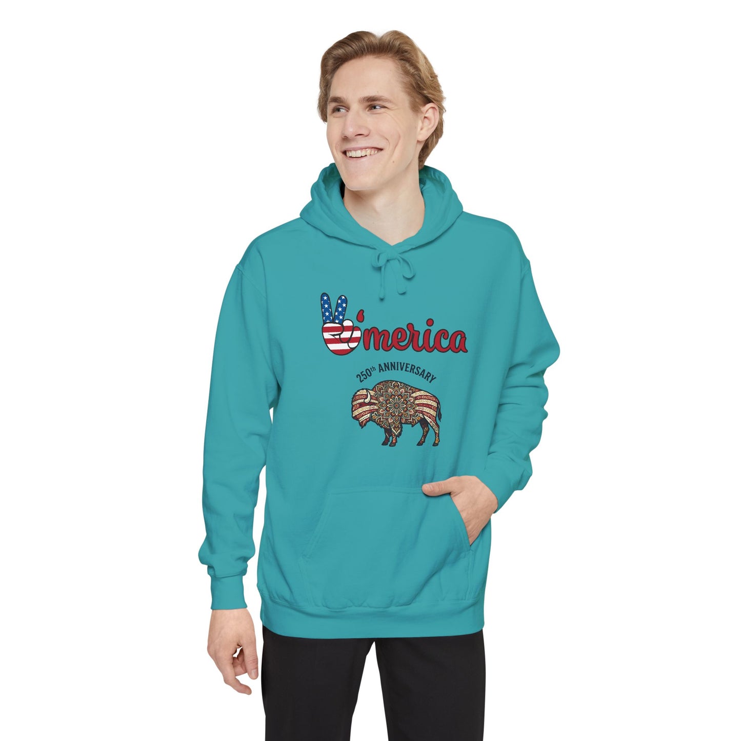 'Merica Peace Sign Hoodie — 250th Anniversary American Flag Bison