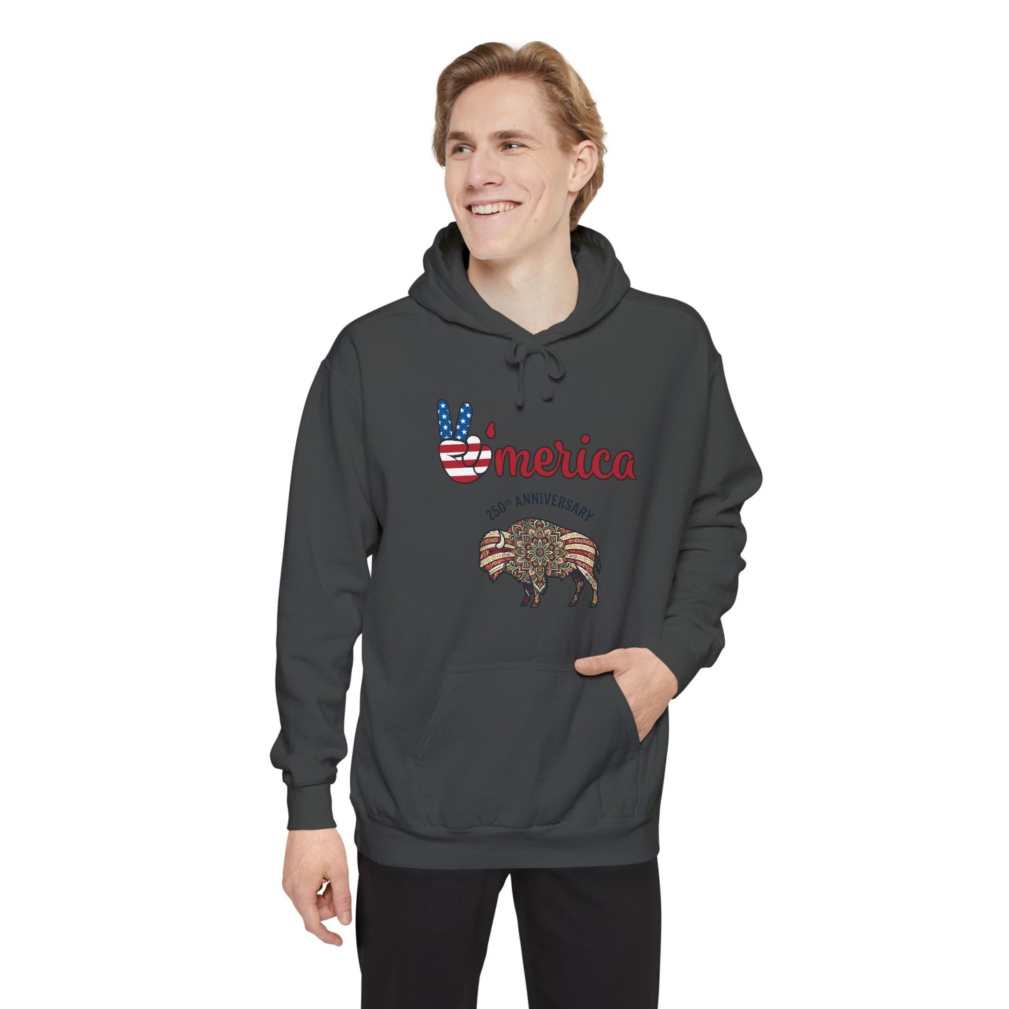 'Merica Peace Sign Hoodie — 250th Anniversary American Flag Bison