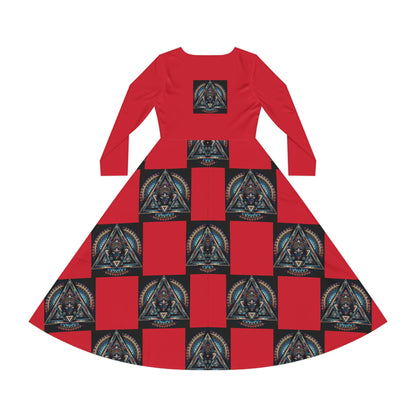 Vibrant Women's Long Sleeve Dance Dress, Dancewear, Retro Style Dress, Unique Gift for Dancers, Red AOP Dress