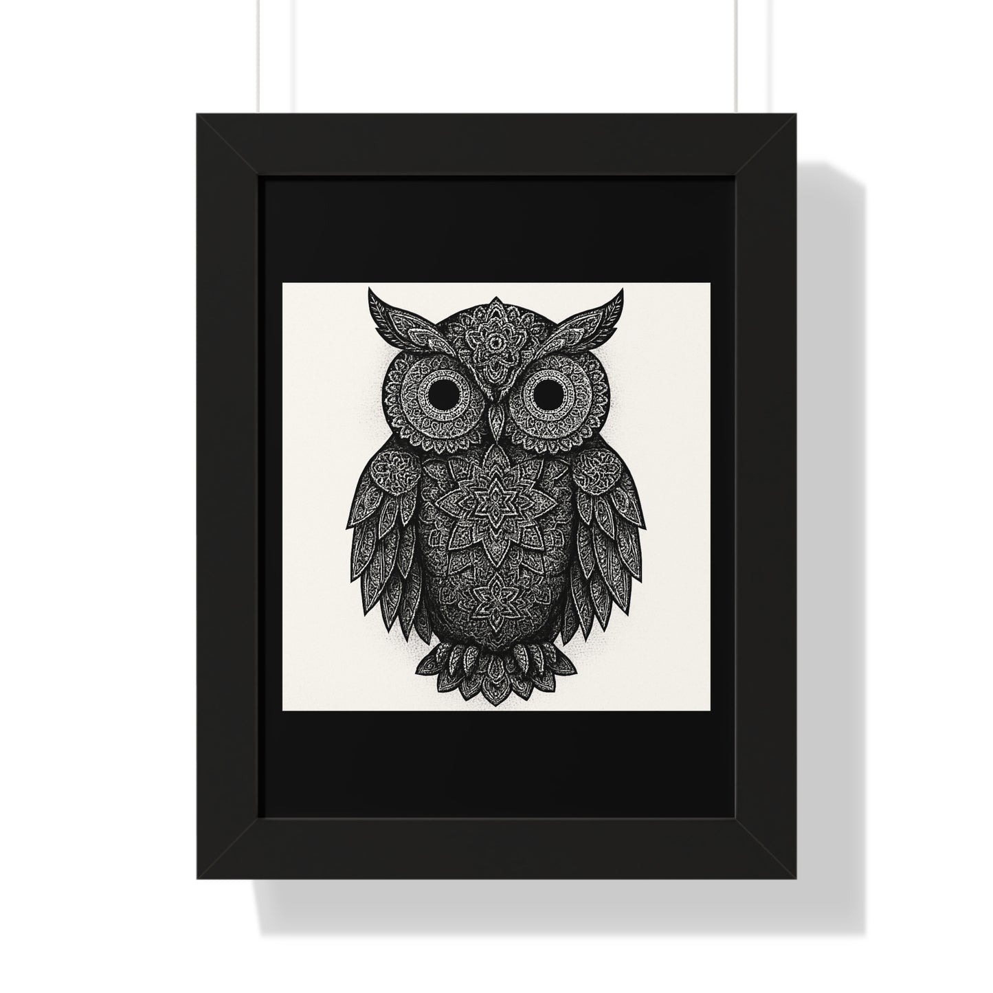 Framed Owl Art Print — Intricate Black & White Mandala Poster