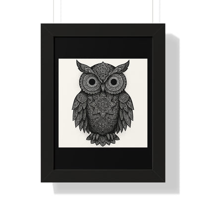 Framed Owl Art Print — Intricate Black & White Mandala Poster