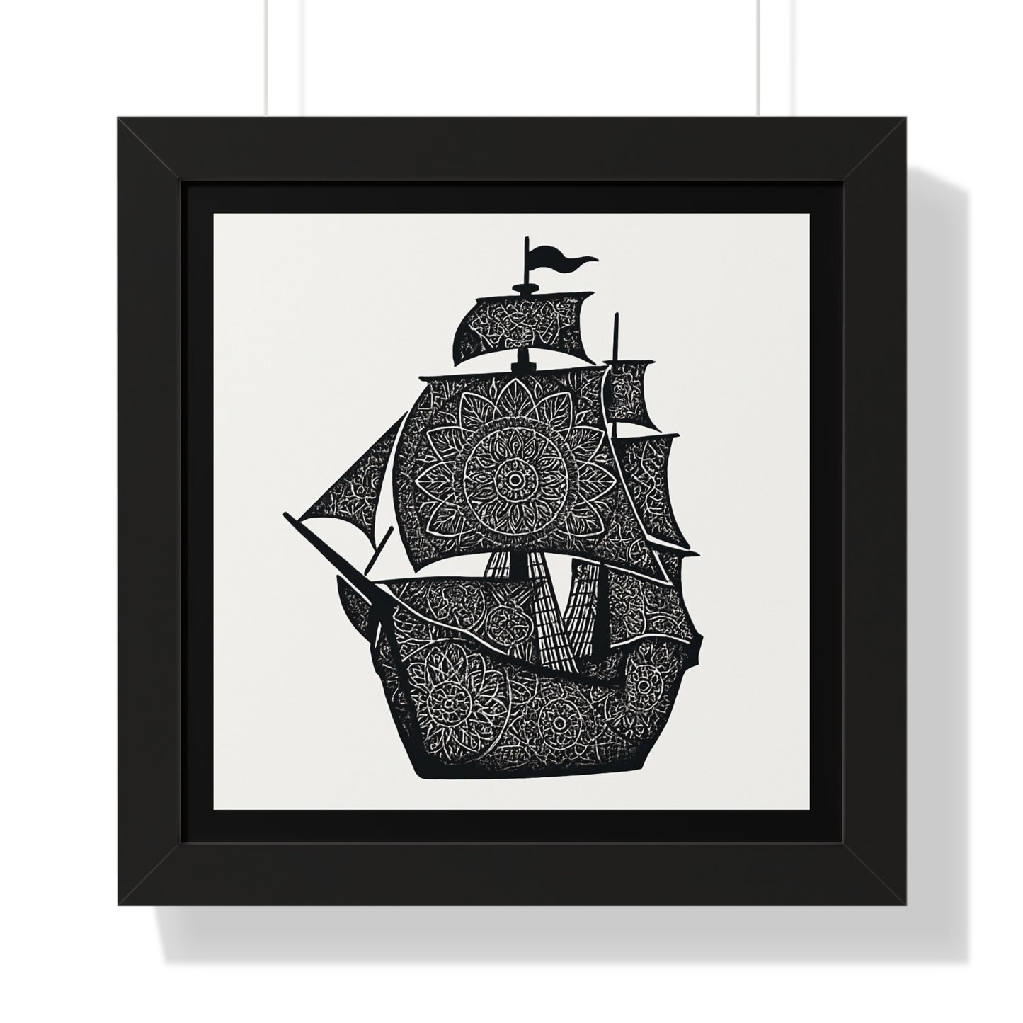 Black & White Mandala Ship Framed Vertical Poster — Nautical Zen Wall Art