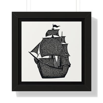 Black & White Mandala Ship Framed Vertical Poster — Nautical Zen Wall Art
