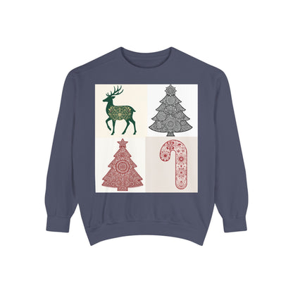 Christmas Patchwork Sweatshirt — Reindeer, Trees & Candy Cane Holiday Pullover