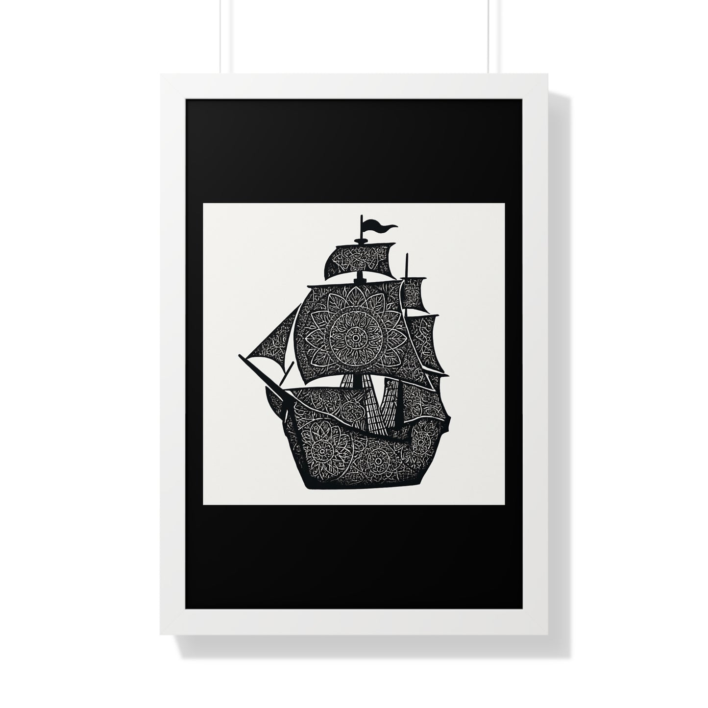 Black & White Mandala Ship Framed Vertical Poster — Nautical Zen Wall Art
