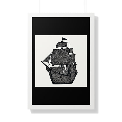 Black & White Mandala Ship Framed Vertical Poster — Nautical Zen Wall Art