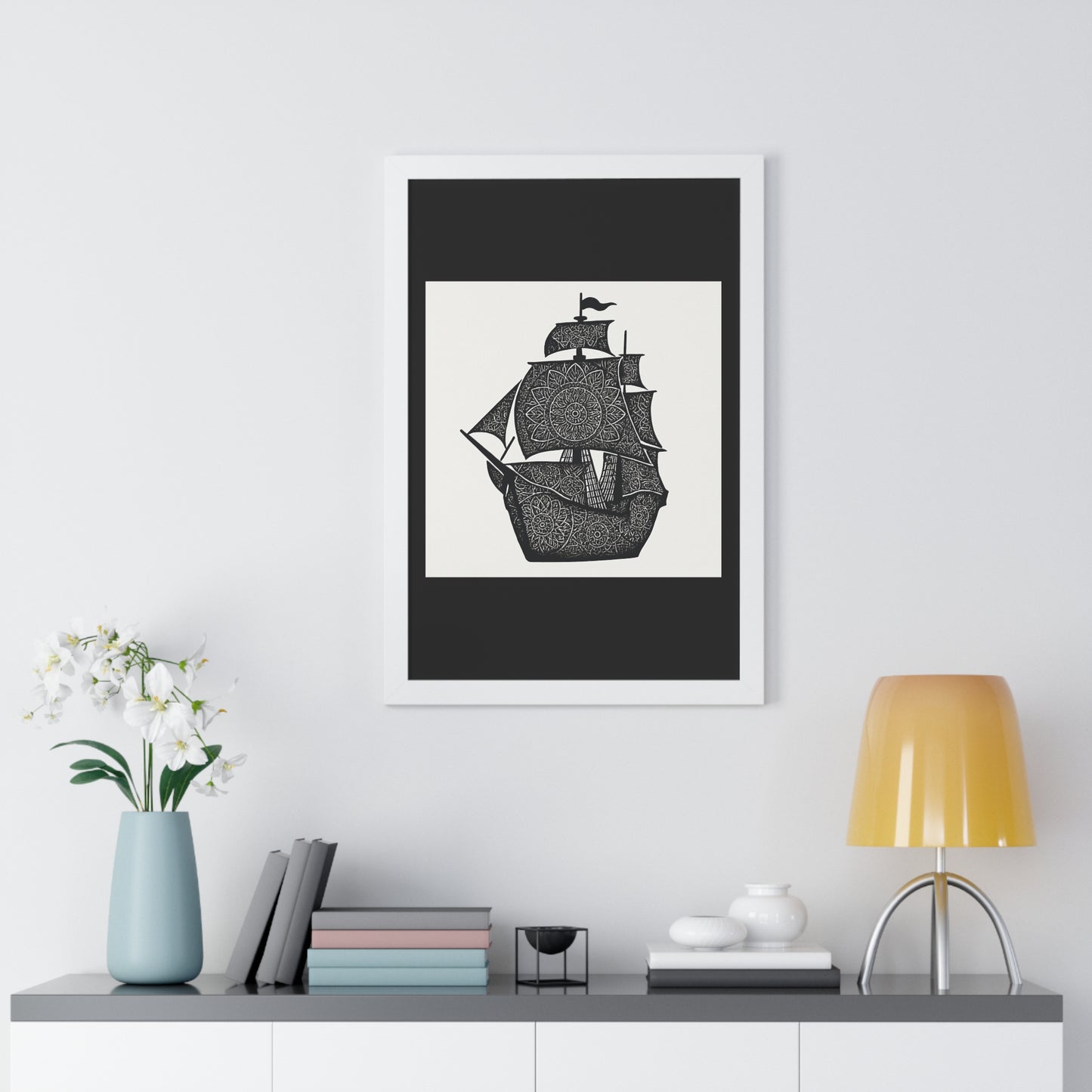 Black & White Mandala Ship Framed Vertical Poster — Nautical Zen Wall Art