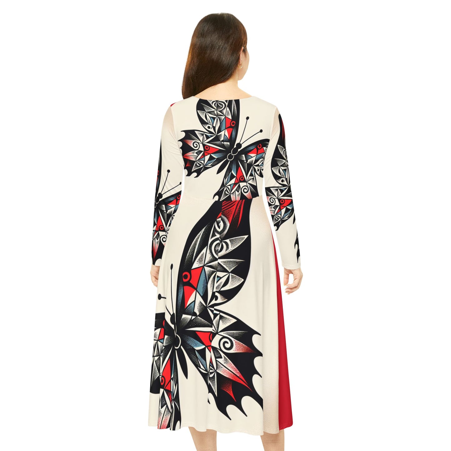 Butterfly Print Long Sleeve Dance Dress, Elegant Dancewear, Boho Style Dress, Perfect for Parties, Dance Events, and Celebrations