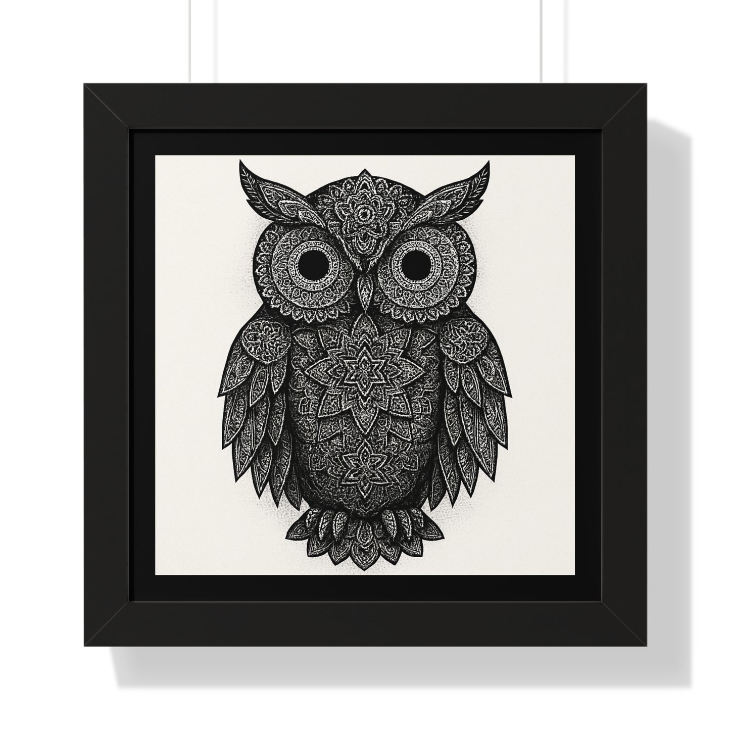 Framed Owl Art Print — Intricate Black & White Mandala Poster