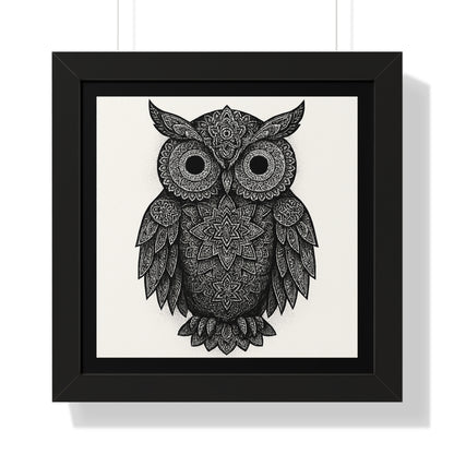 Framed Owl Art Print — Intricate Black & White Mandala Poster