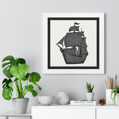 Black & White Mandala Ship Framed Vertical Poster — Nautical Zen Wall Art