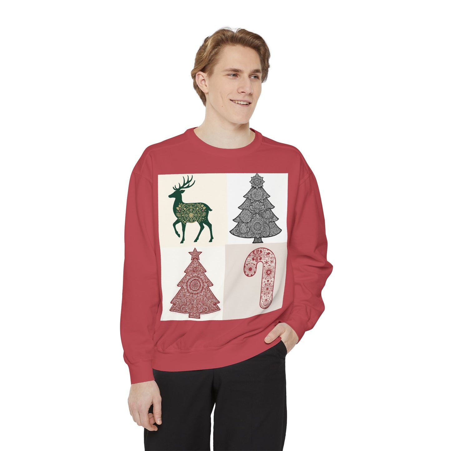Christmas Patchwork Sweatshirt — Reindeer, Trees & Candy Cane Holiday Pullover