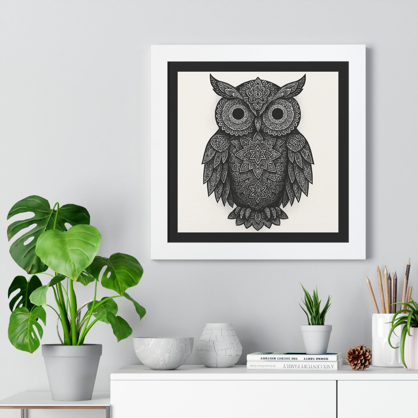 Framed Owl Art Print — Intricate Black & White Mandala Poster