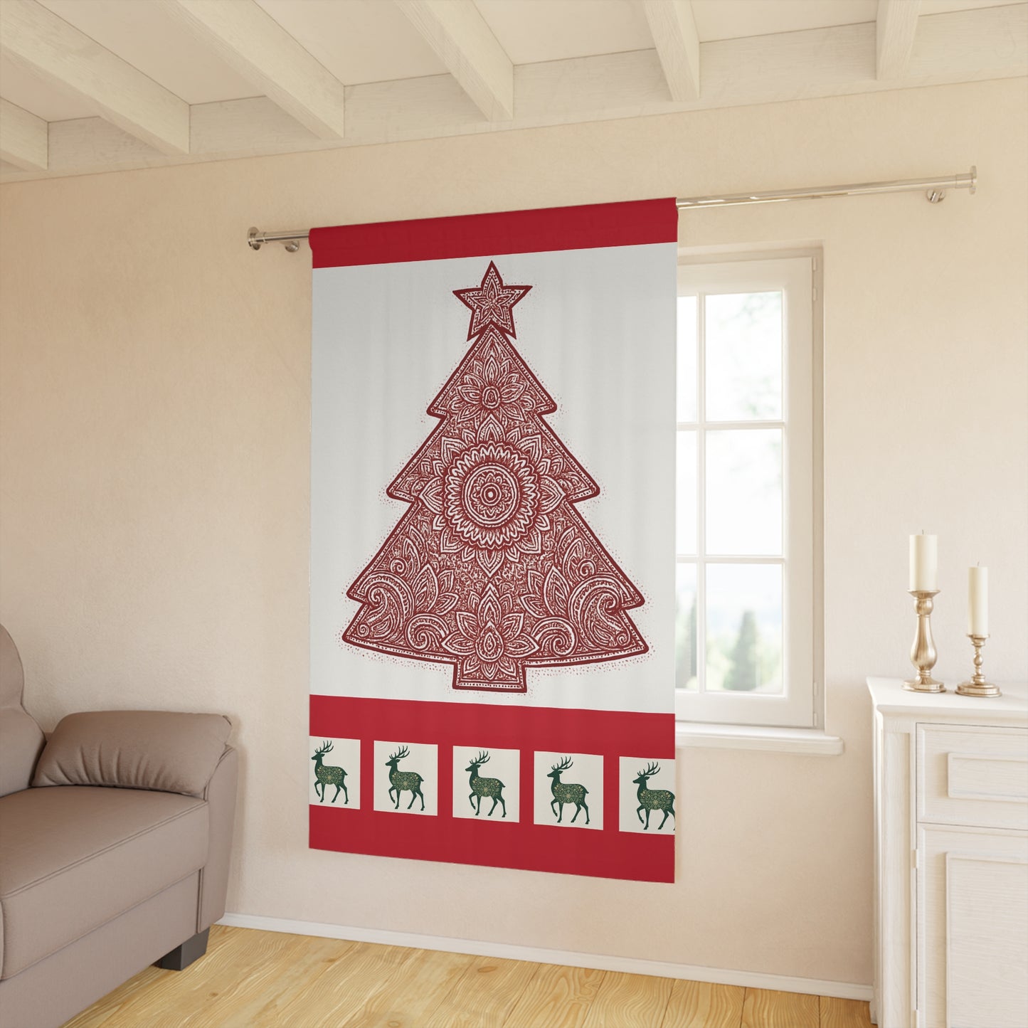 Holiday Curtain Panel — Red Mandala Christmas Tree Window Curtain