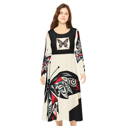 Butterfly Print Long Sleeve Dance Dress, Elegant Dancewear, Boho Style Dress, Perfect for Parties, Dance Events, and Celebrations
