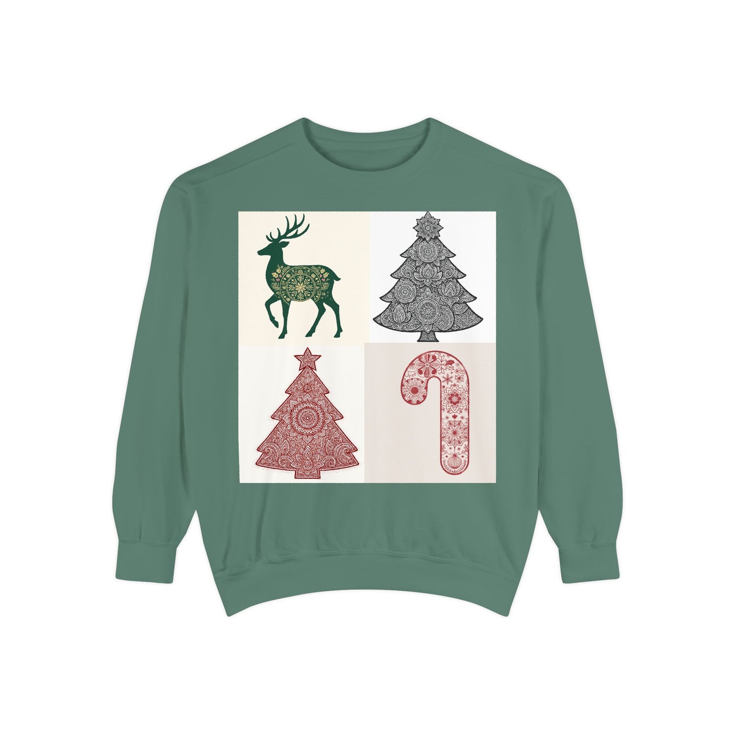 Christmas Patchwork Sweatshirt — Reindeer, Trees & Candy Cane Holiday Pullover