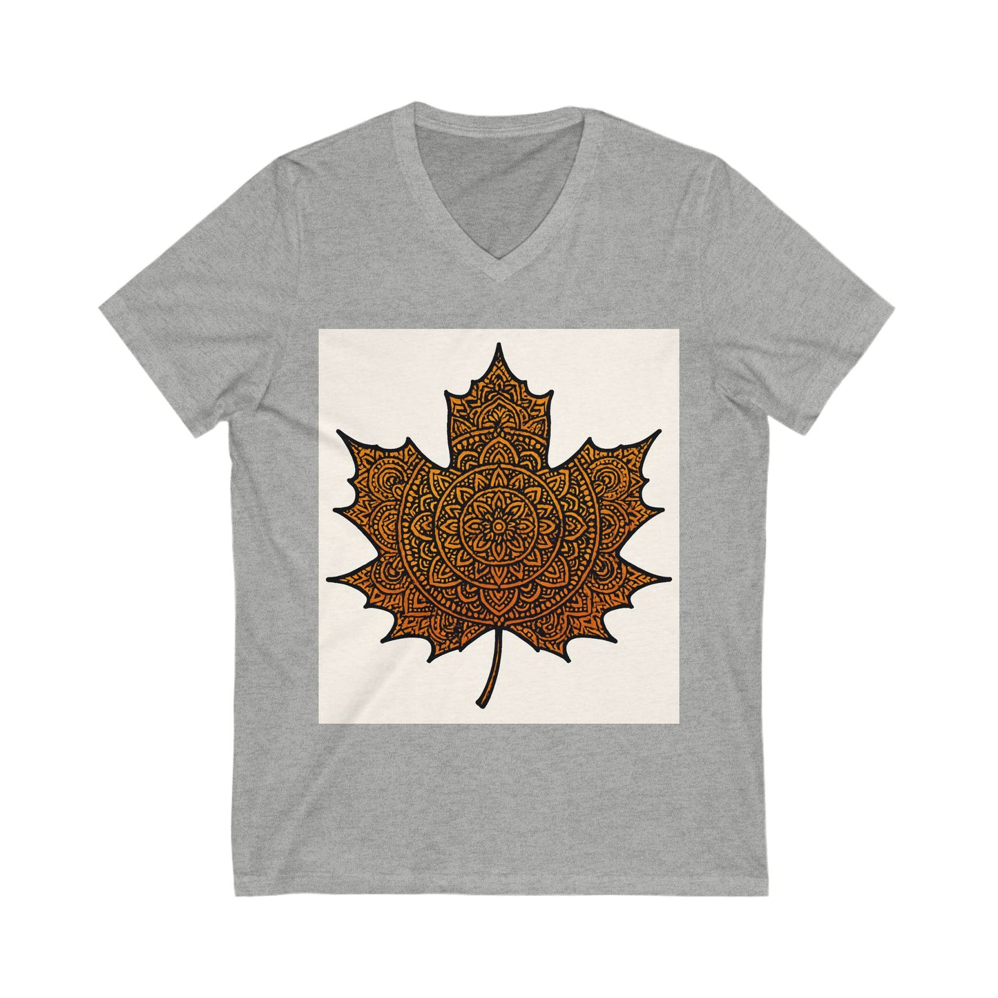 Autumn Leaf Mandala V-Neck Tee, Cozy Fall Shirt, Bohemian Style Top, Nature Lover Gift, Seasonal Fashion, Unisex Casual Wear
