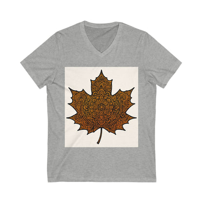 Autumn Leaf Mandala V-Neck Tee, Cozy Fall Shirt, Bohemian Style Top, Nature Lover Gift, Seasonal Fashion, Unisex Casual Wear